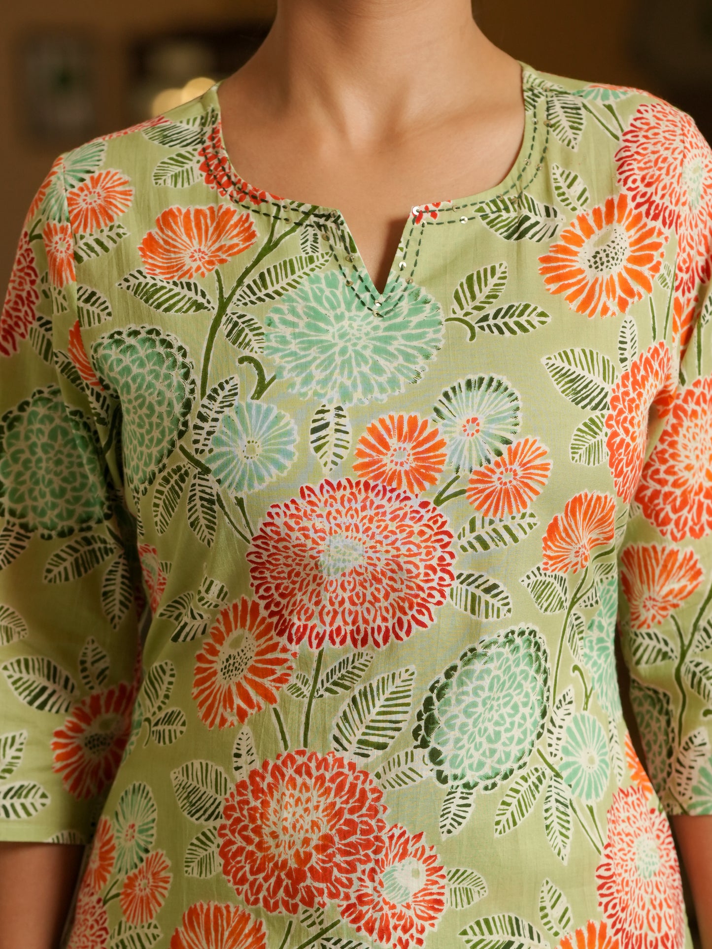 Embroidered Soft Cotton Floral Straight Green Kurta