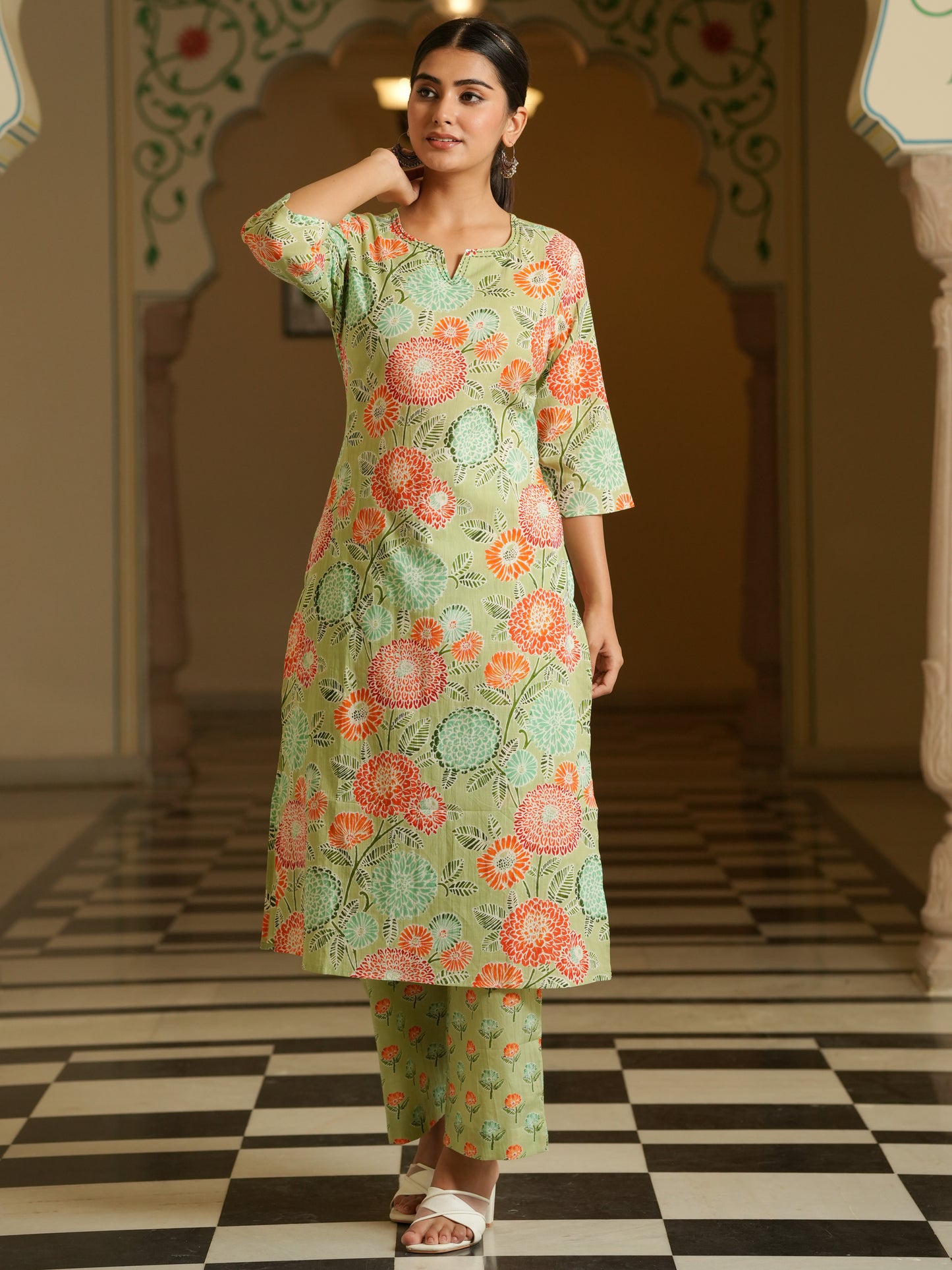 Embroidered Soft Cotton Floral Straight Green Kurta