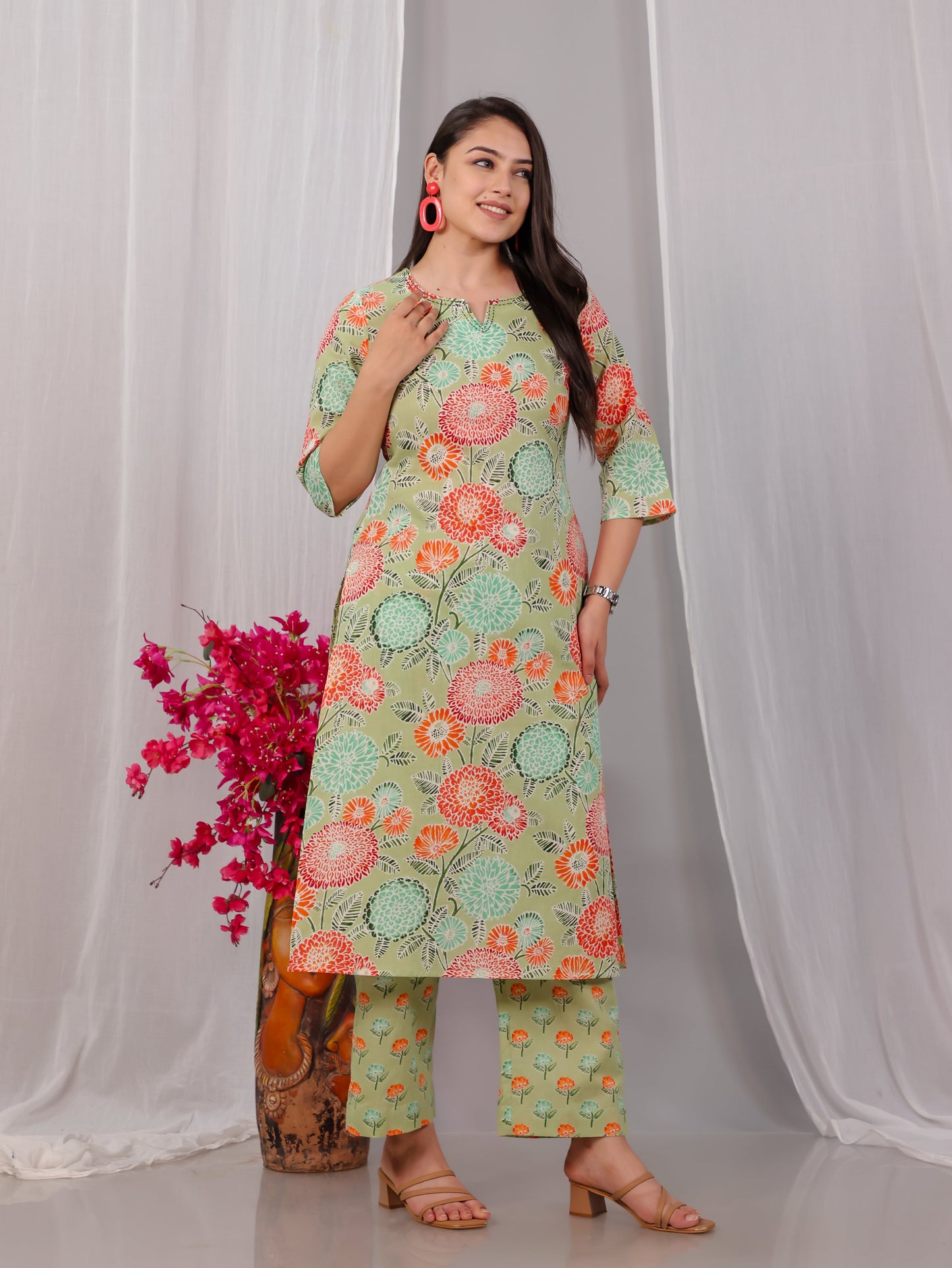 Embroidered Soft Cotton Floral Straight Green Kurta