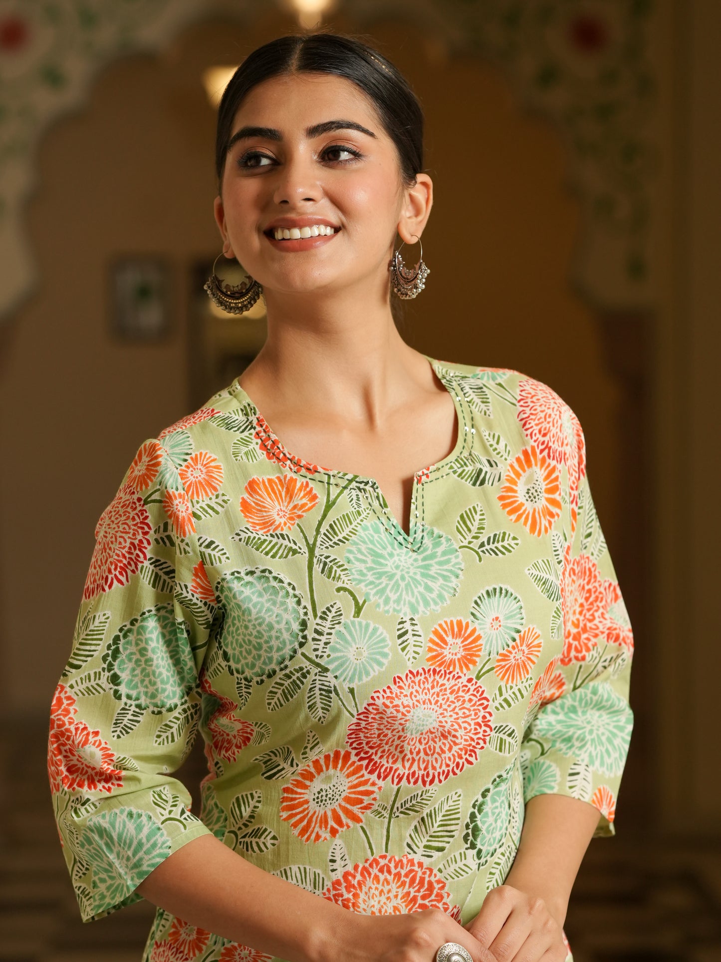 Embroidered Soft Cotton Floral Straight Green Kurta