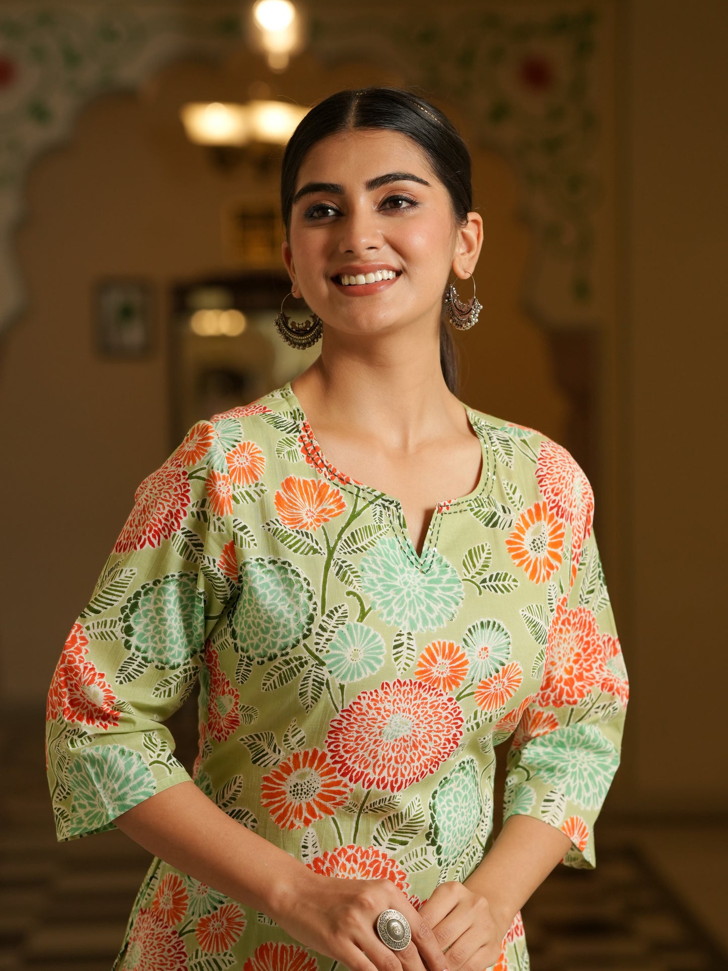 Embroidered Soft Cotton Floral Straight Green Kurta