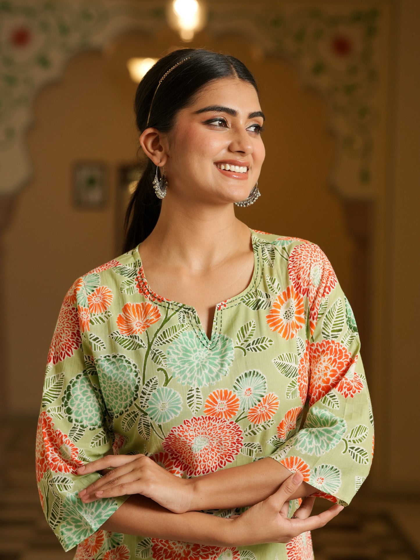 Embroidered Soft Cotton Floral Straight Green Kurta