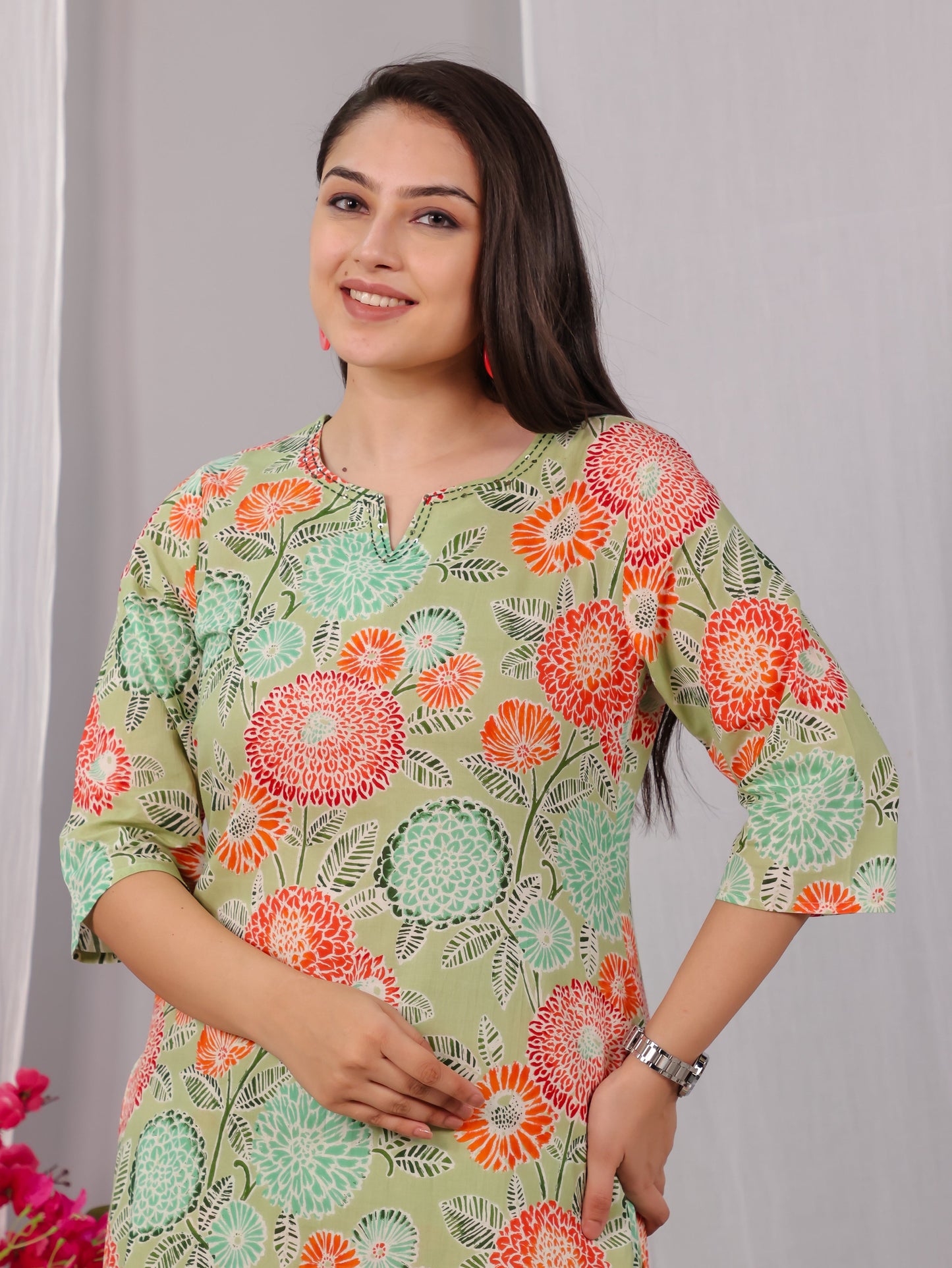 Embroidered Soft Cotton Floral Straight Green Kurta