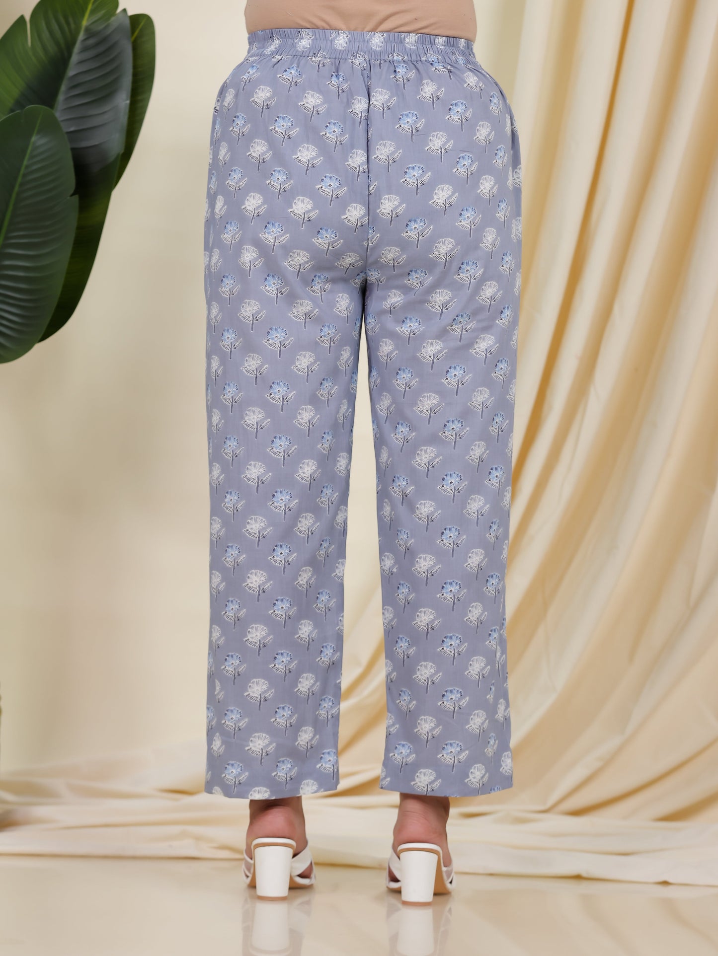 Soft Cotton Geometric Blue Straight Trousers
