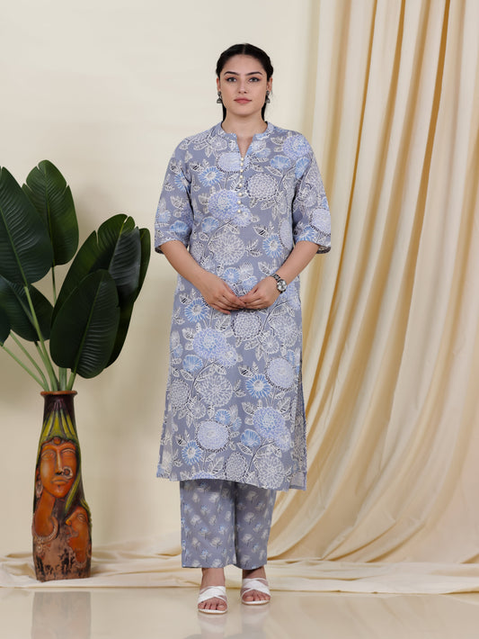 Soft Cotton Geometric Straight Blue Kurta