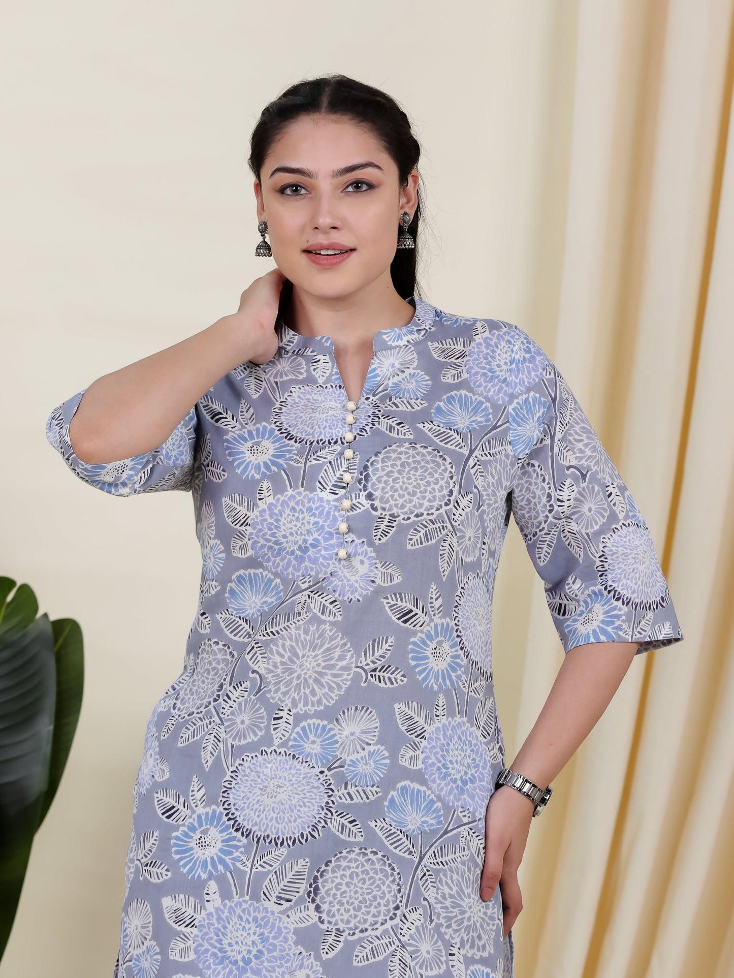 Soft Cotton Geometric Straight Blue Kurta
