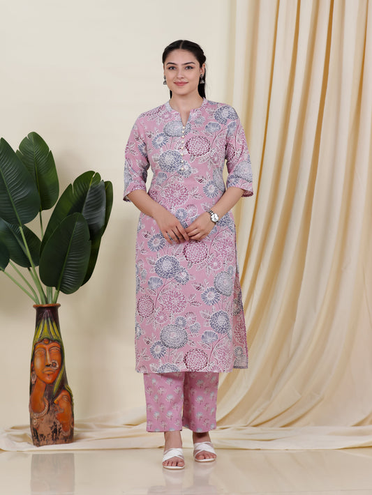 Soft Cotton Geometric Straight Pink Kurta