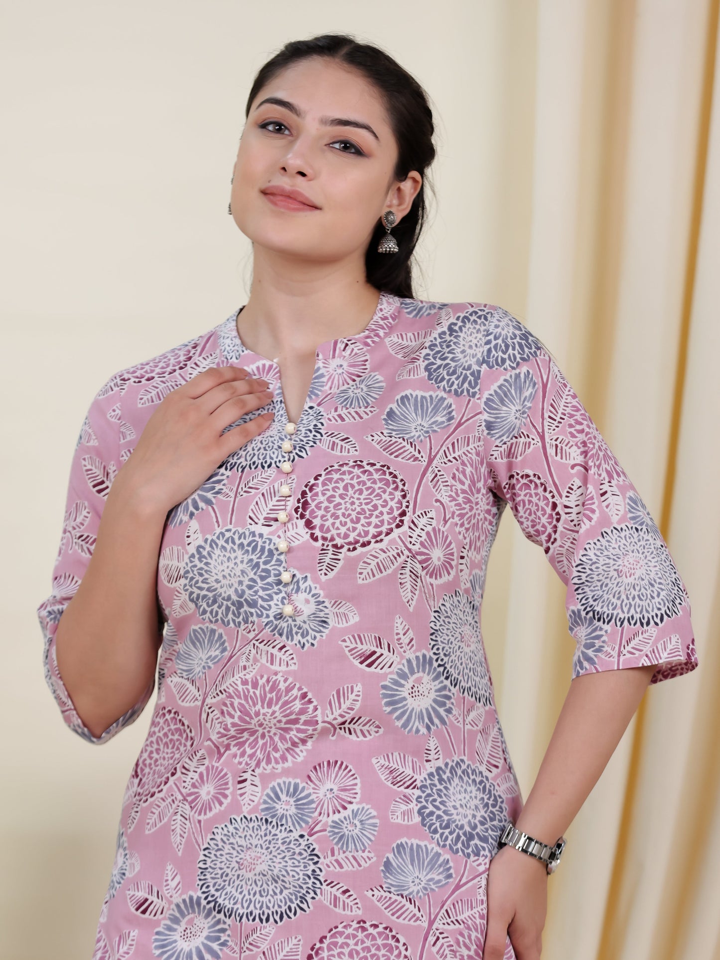 Soft Cotton Geometric Straight Pink Kurta