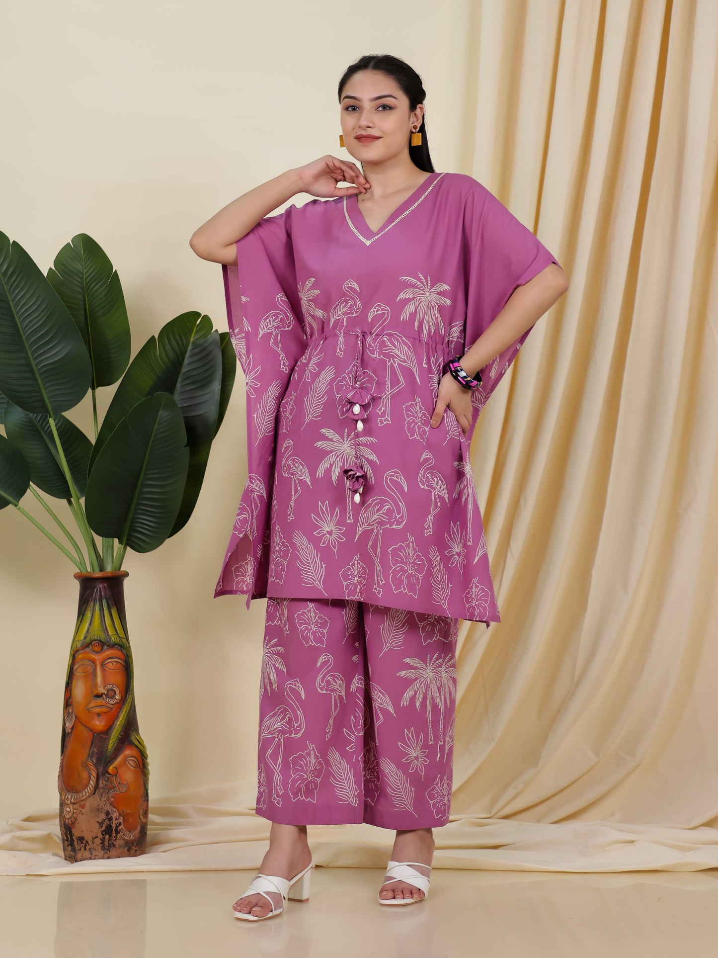 Soft Cotton Placement Print Kaftan Purple Kurta