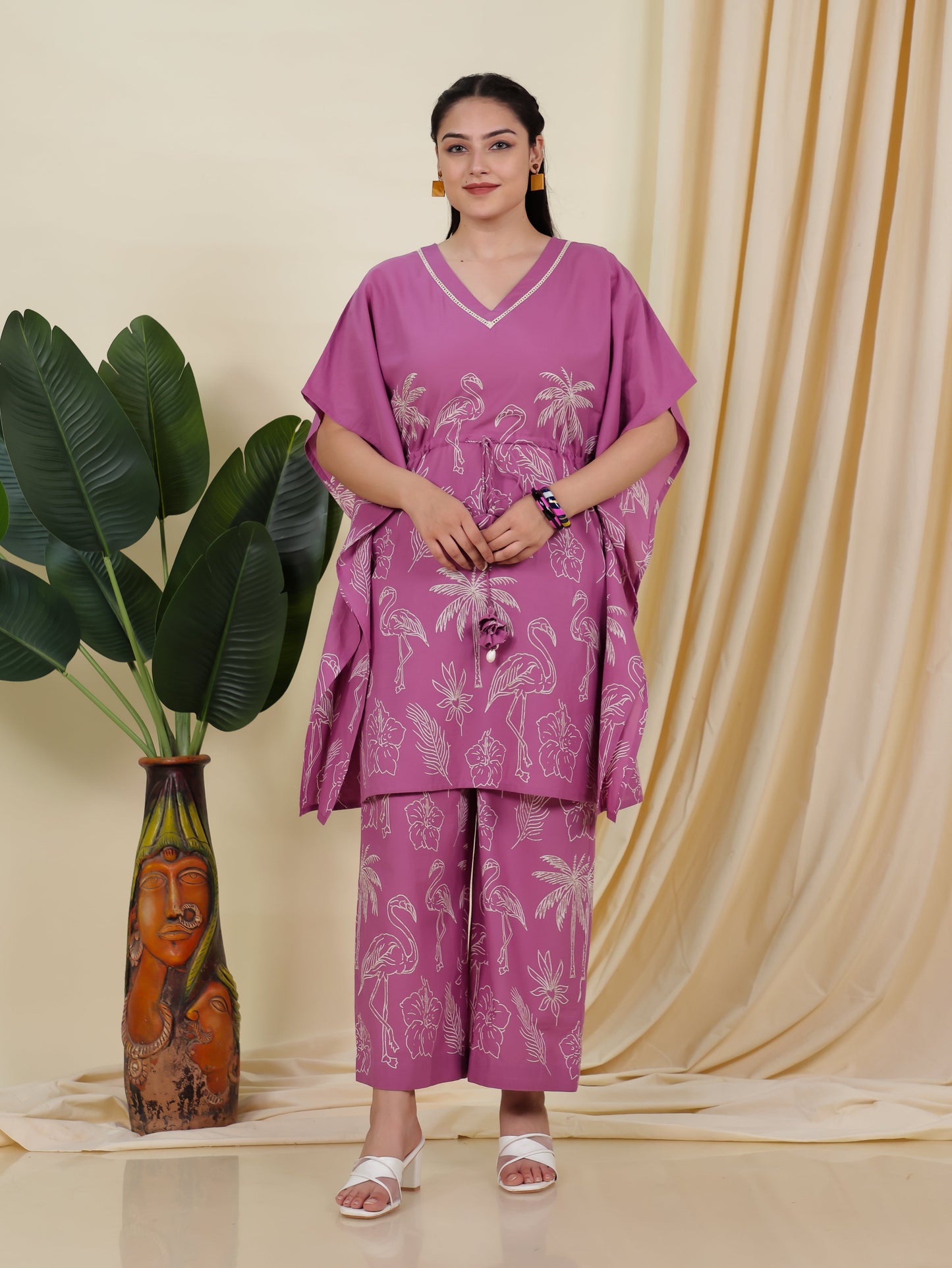 Soft Cotton Placement Print Kaftan Purple Kurta