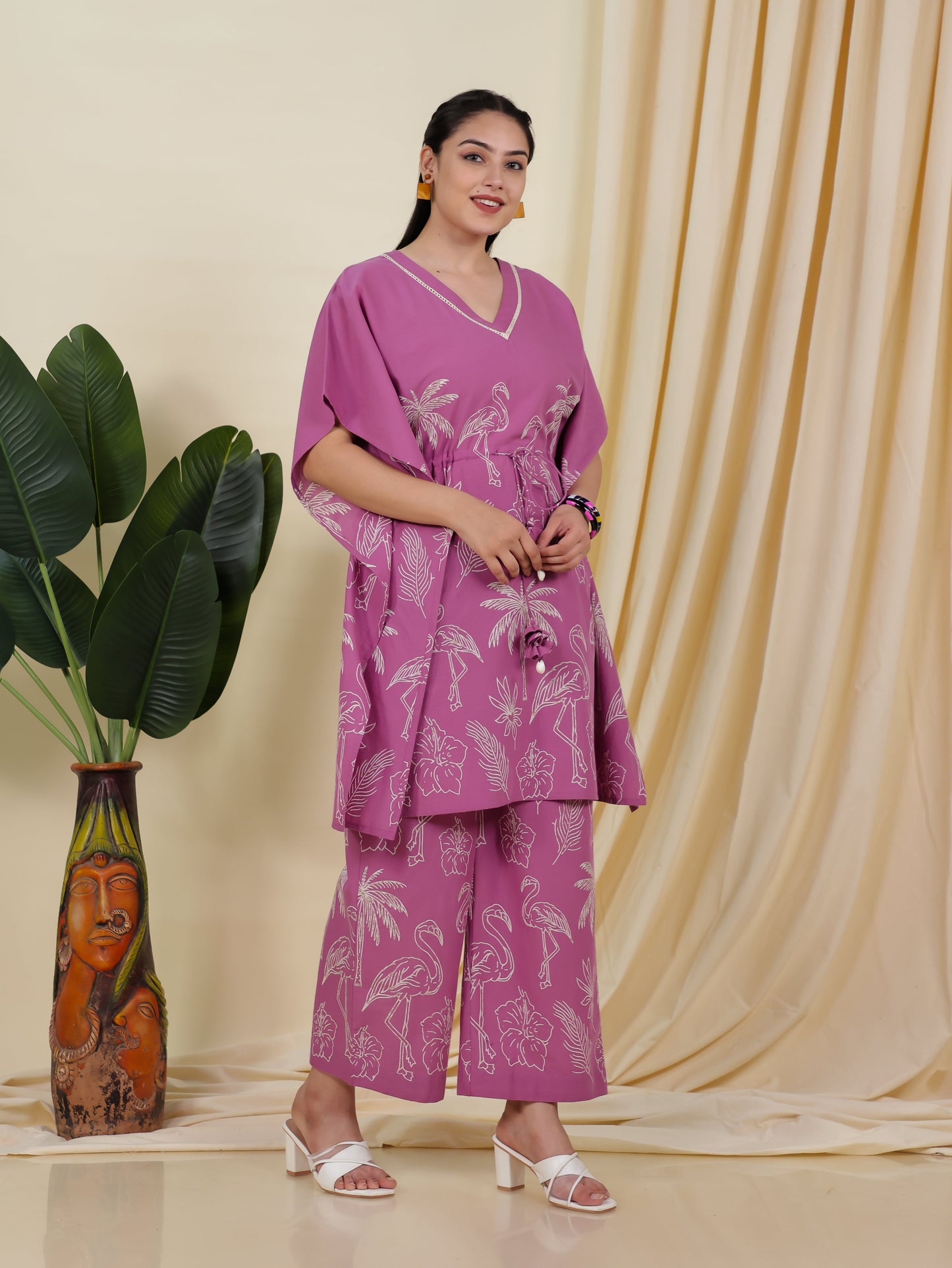 Soft Cotton Placement Print Kaftan Purple Kurta