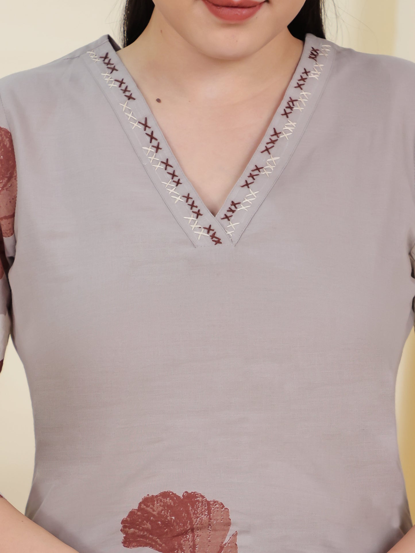 Soft Cotton Placement Print Straight Grey Kurta
