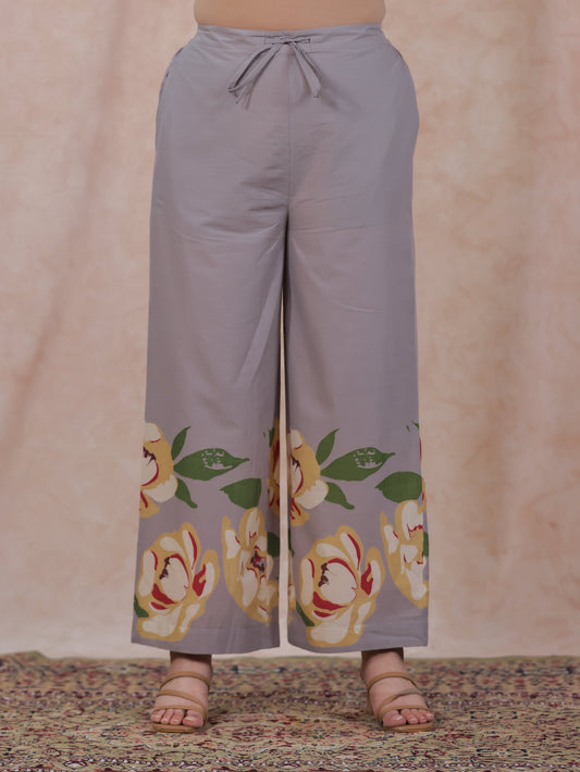 Soft Cotton Placement Print Grey Palazzo