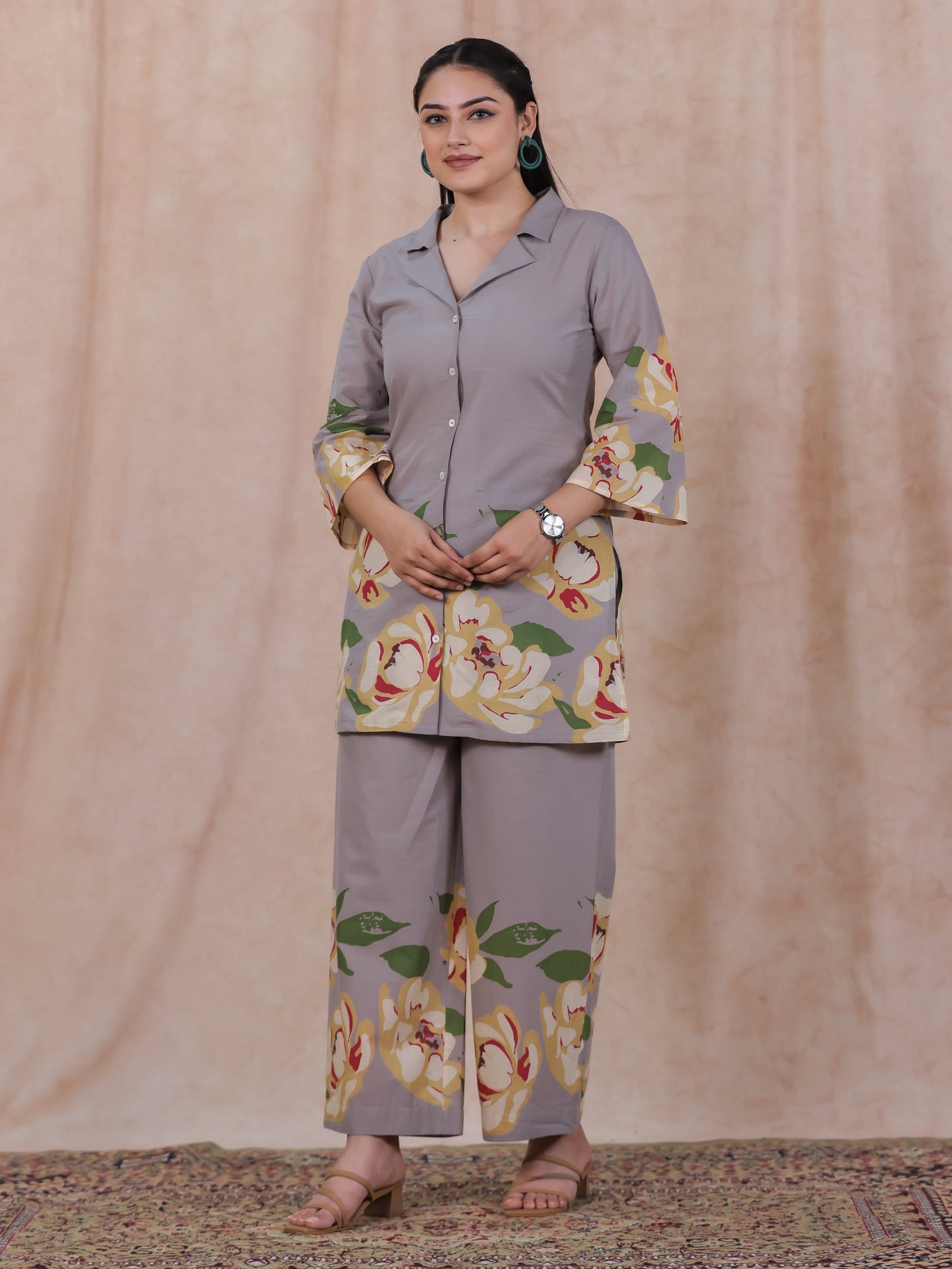 Soft Cotton Placement Print Straight Grey Kurta