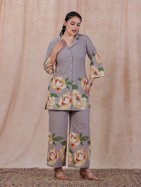 Soft Cotton Placement Print Straight Grey Kurta