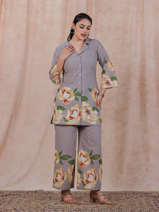 Soft Cotton Placement Print Straight Grey Kurta