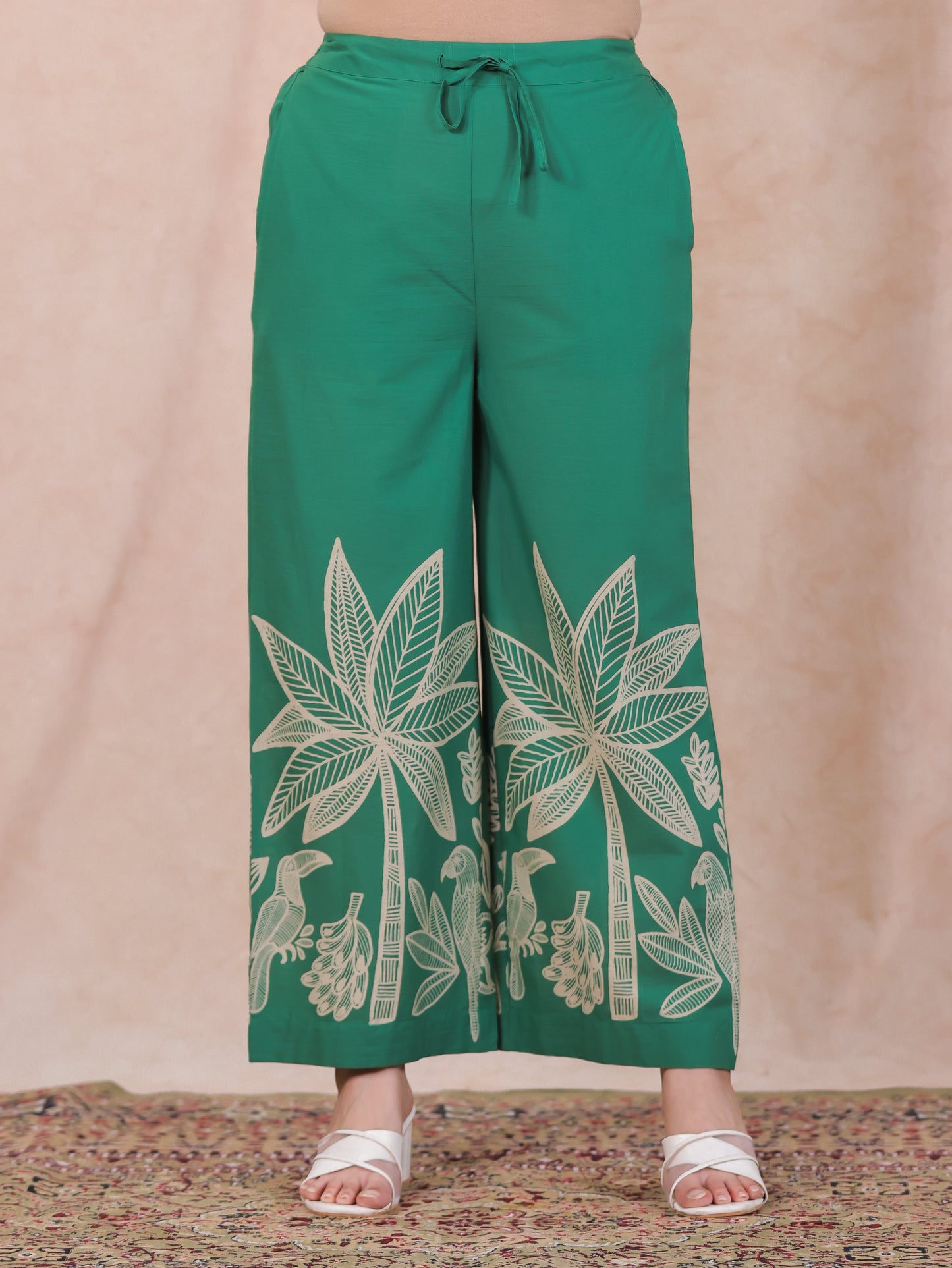 Soft Cotton Placement Print Green Palazzo
