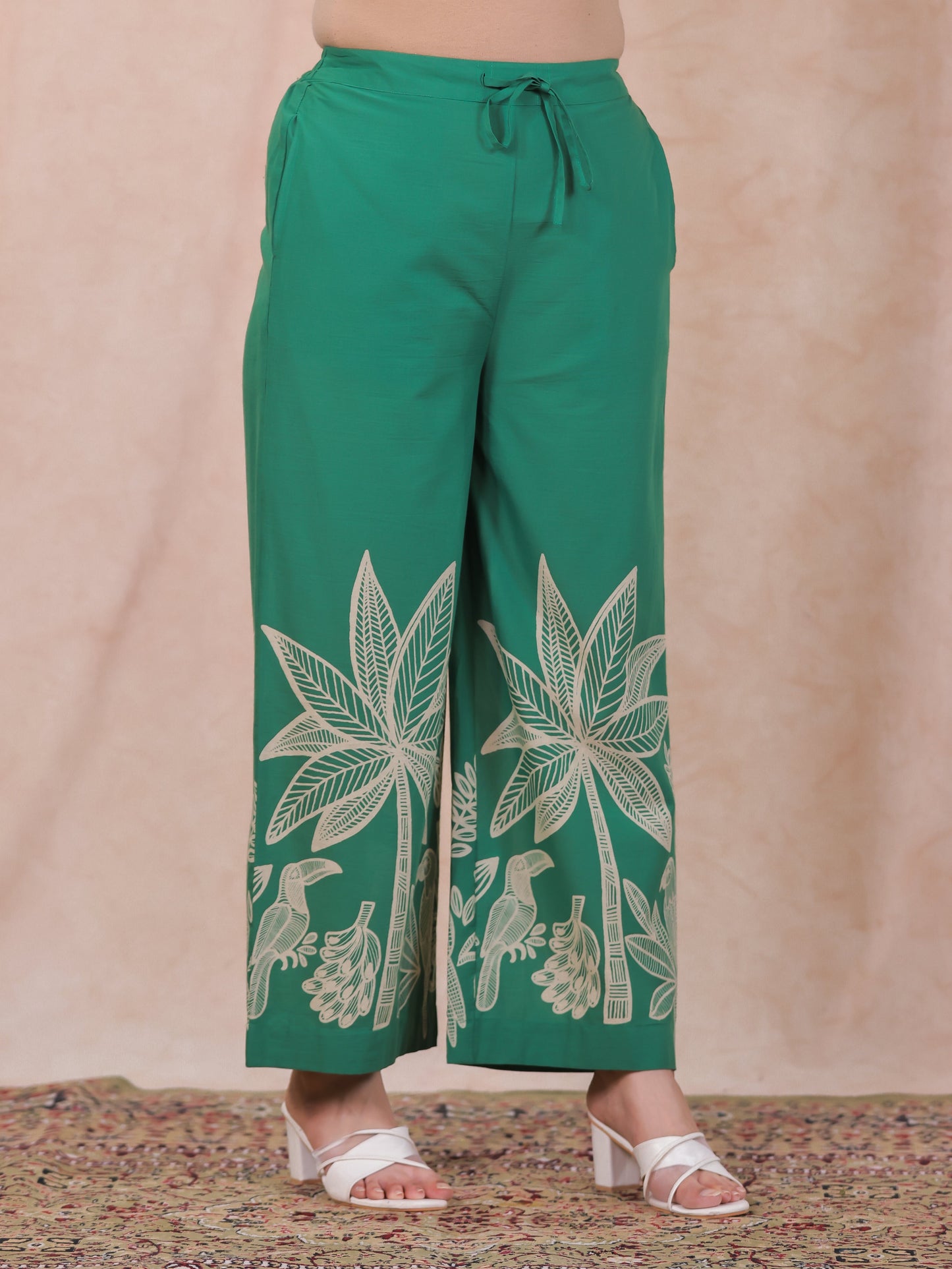 Soft Cotton Placement Print Green Palazzo