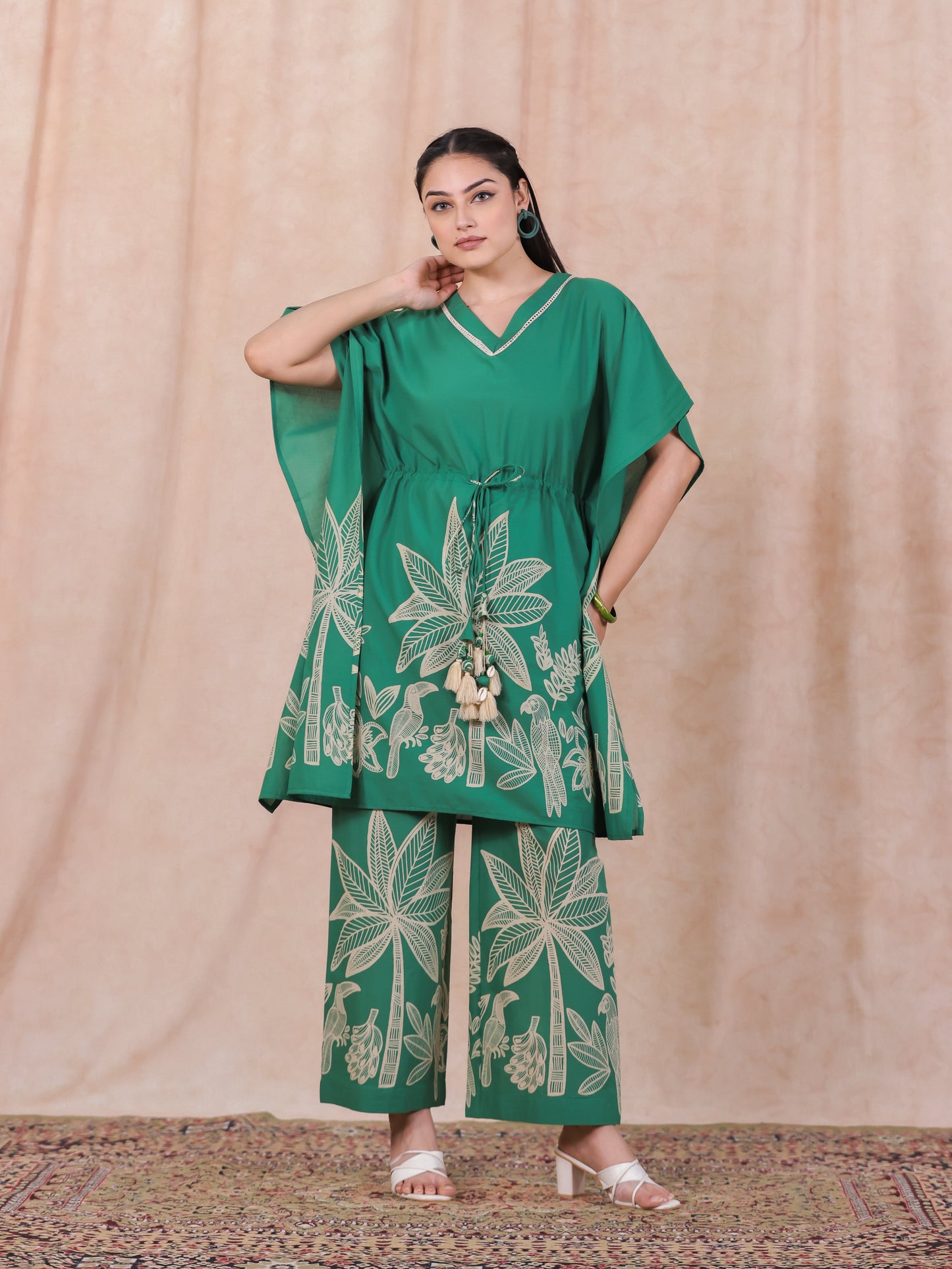 Soft Cotton Placement Print Kaftan Green Kurta