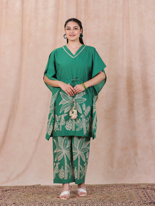 Soft Cotton Placement Print Kaftan Green Kurta