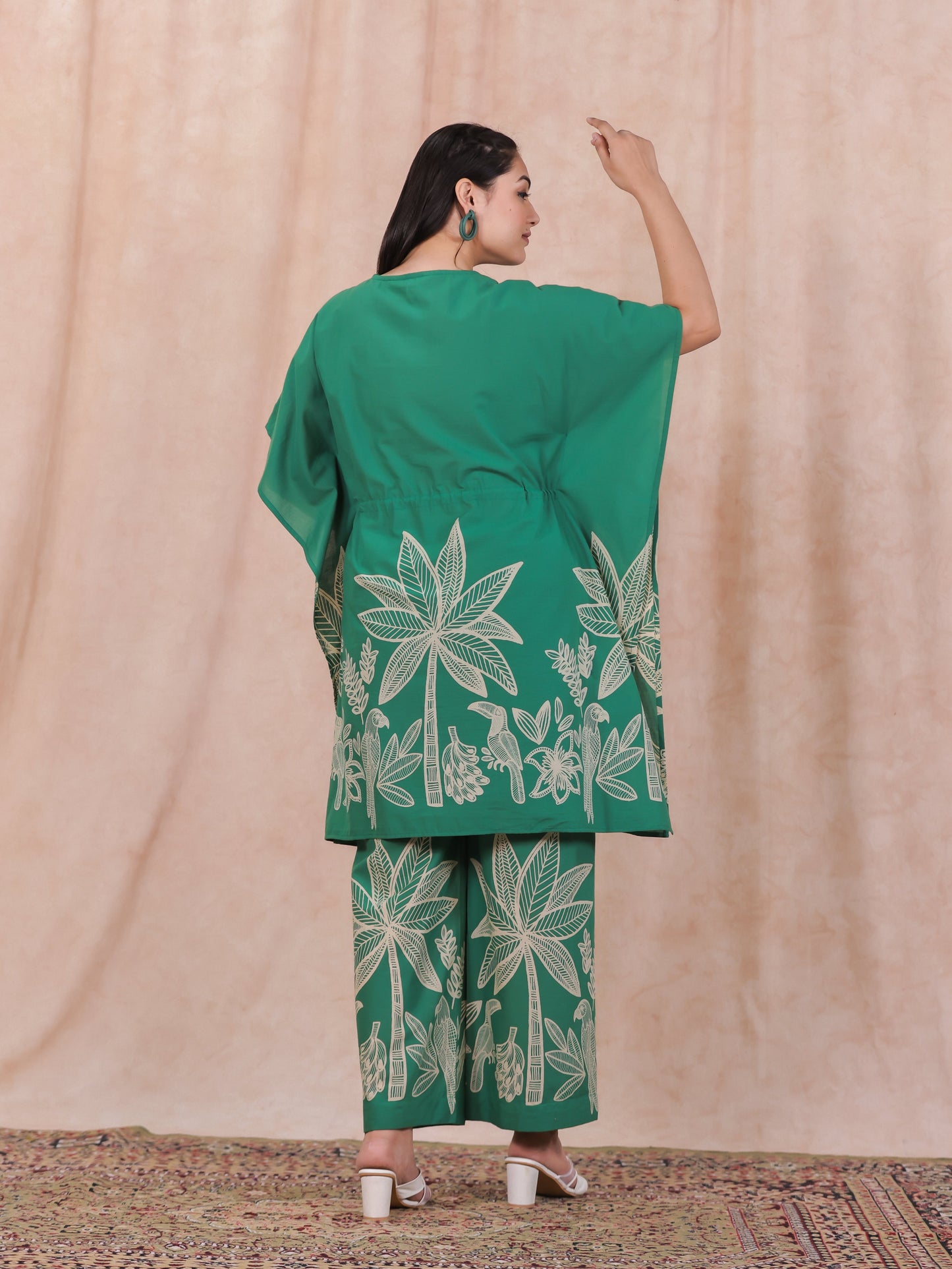 Soft Cotton Placement Print Kaftan Green Kurta