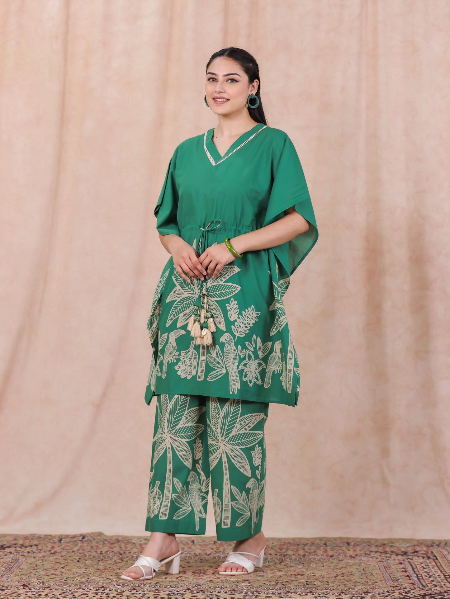 Soft Cotton Placement Print Kaftan Green Kurta
