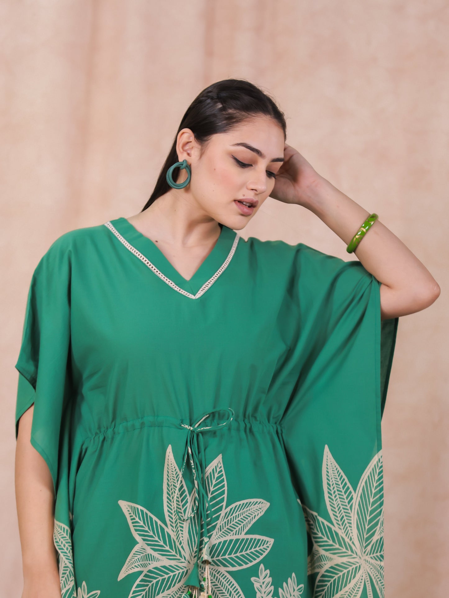 Soft Cotton Placement Print Kaftan Green Kurta