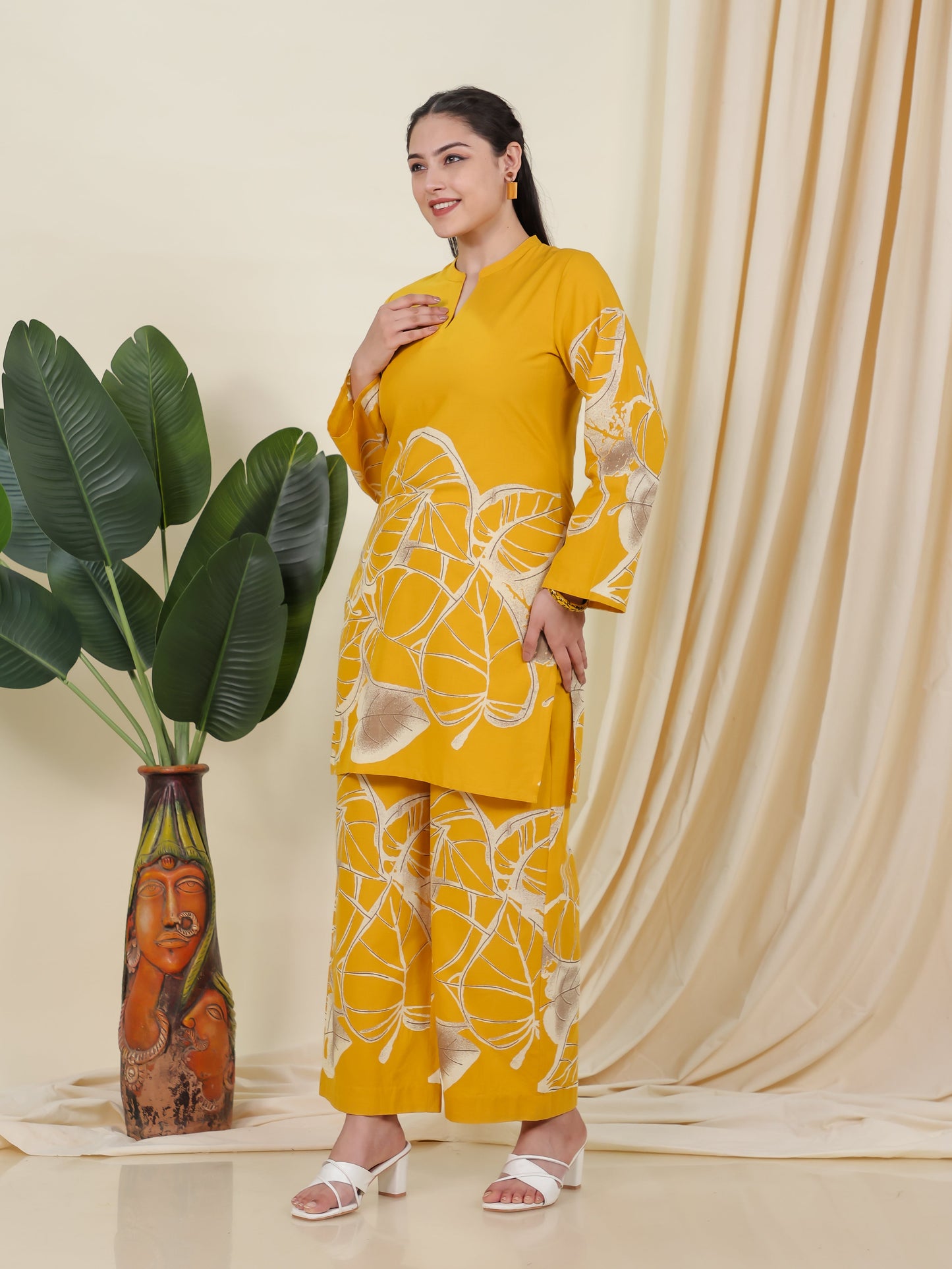 Soft Cotton Placement Print Straight Yellow Kurta