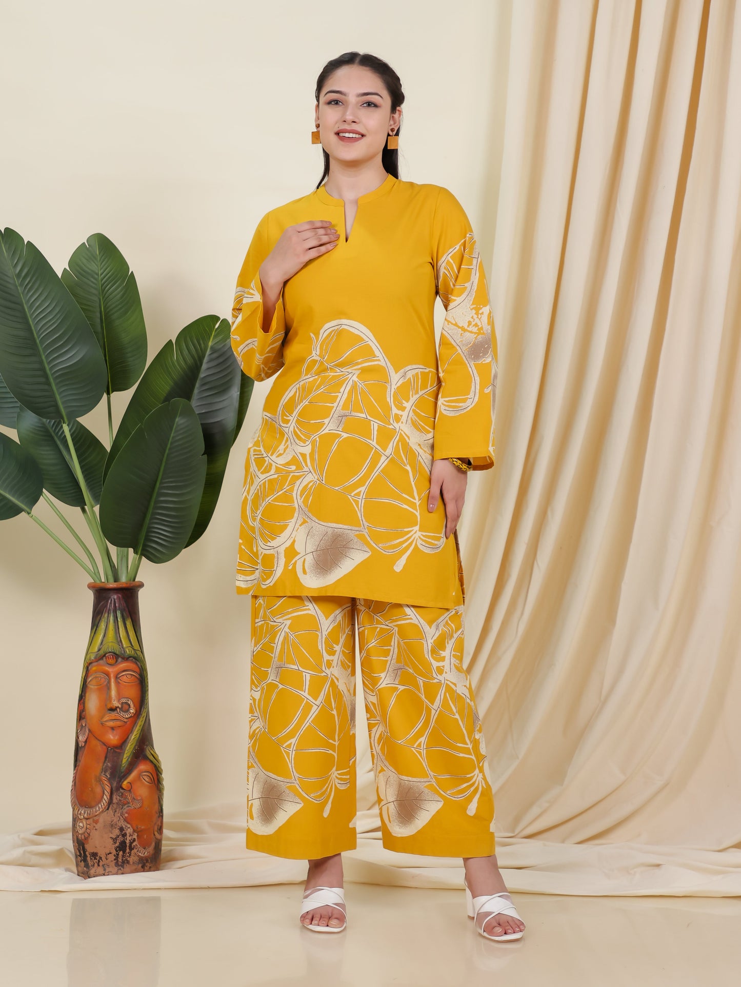 Soft Cotton Placement Print Straight Yellow Kurta