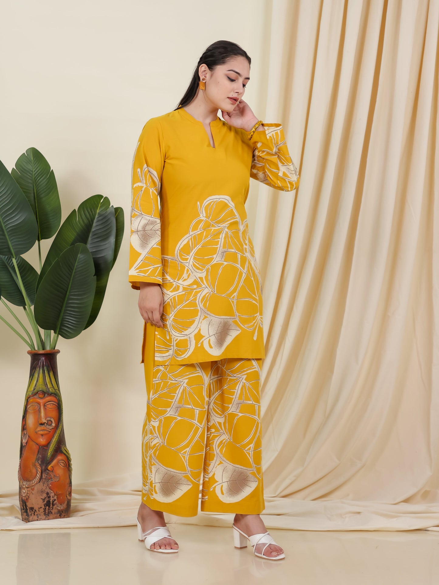 Soft Cotton Placement Print Straight Yellow Kurta