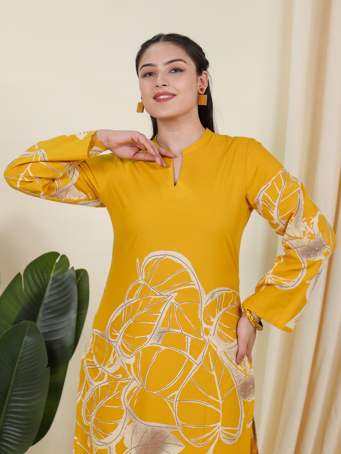Soft Cotton Placement Print Straight Yellow Kurta