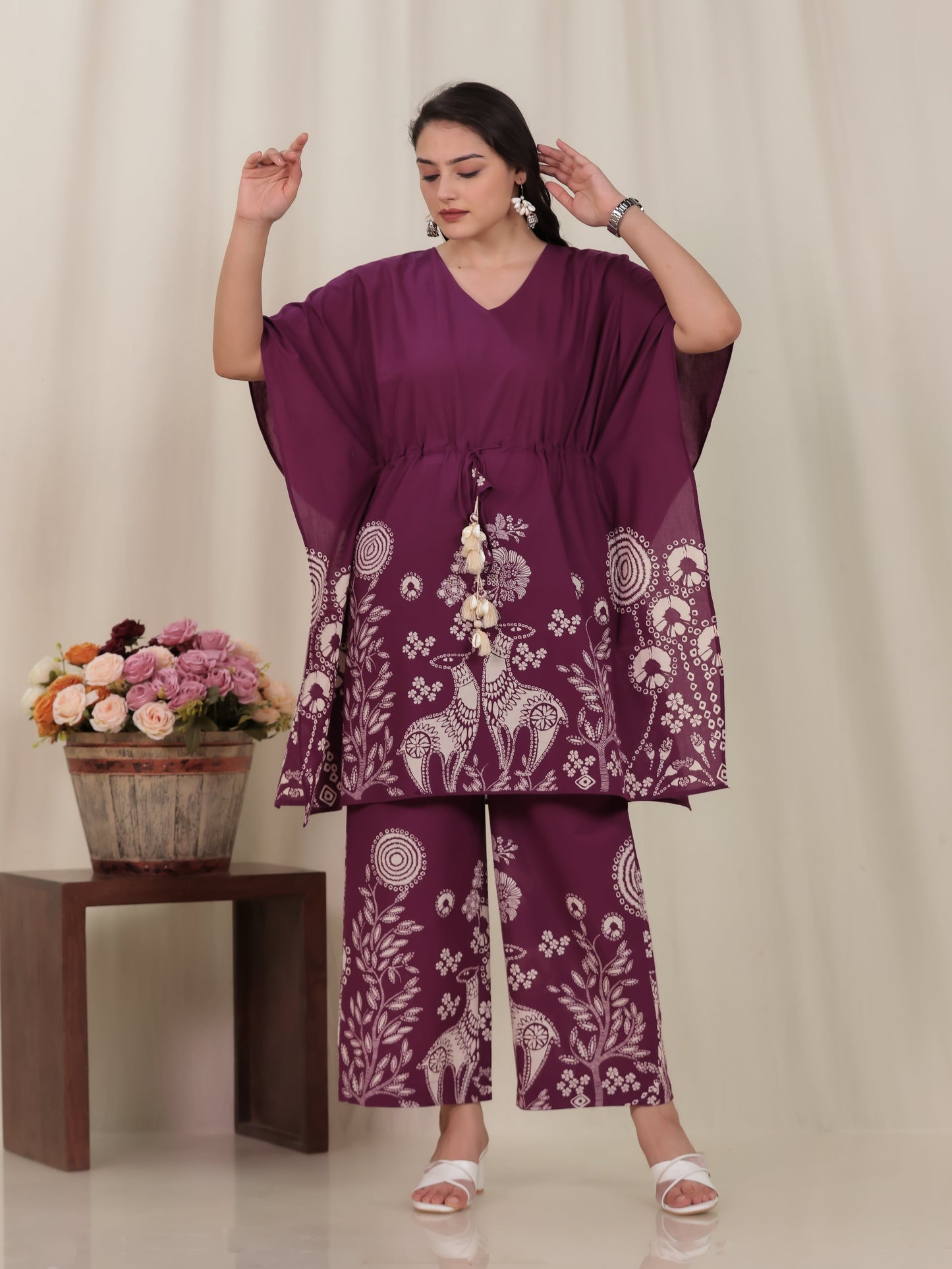 Soft Cotton Placement Print Straight Wine Kurta