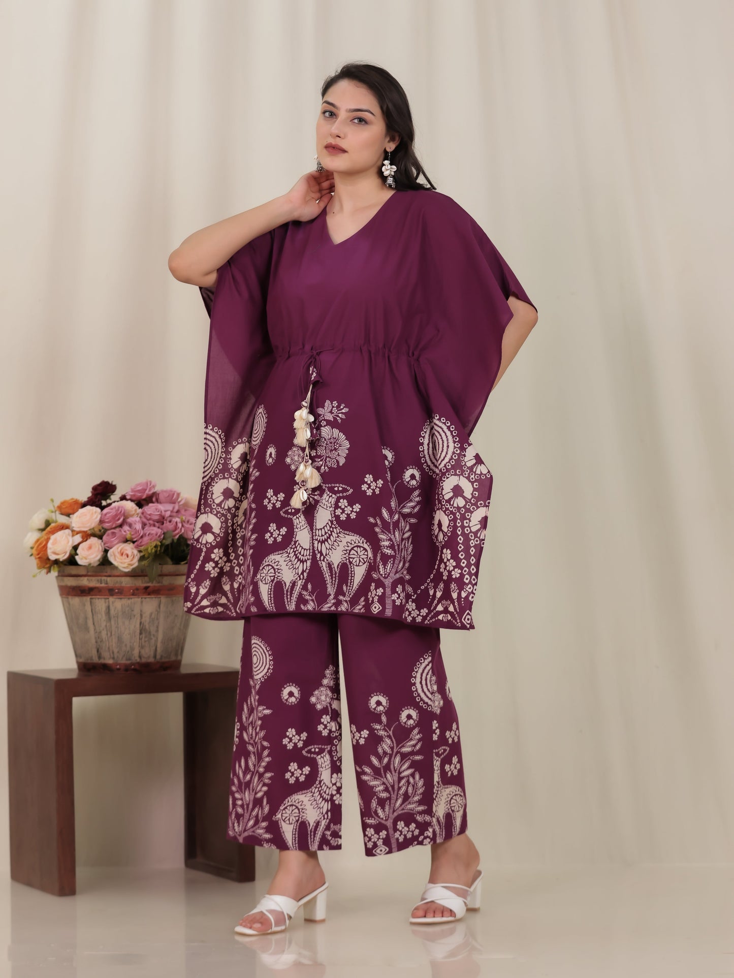 Soft Cotton Placement Print Straight Wine Kurta
