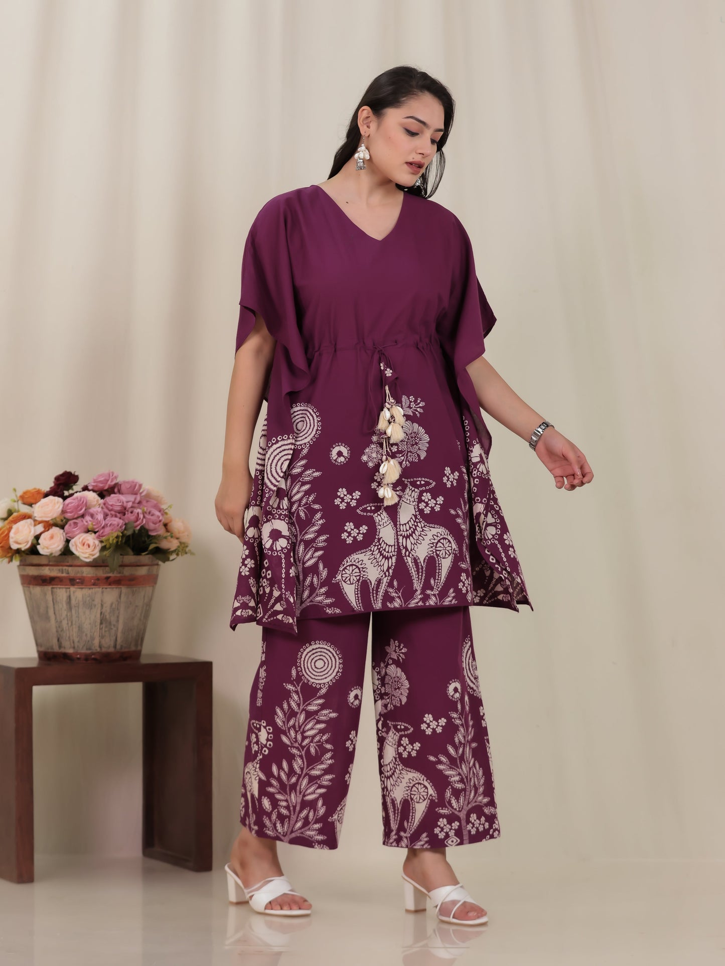 Soft Cotton Placement Print Straight Wine Kurta