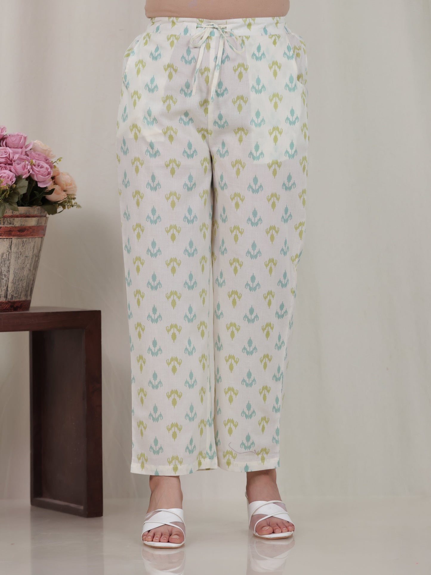 Soft Cotton Ikat Off White Straight Straight Trousers