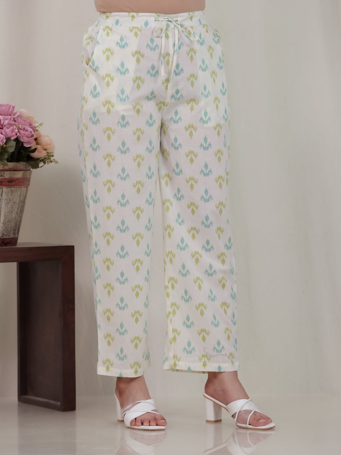 Soft Cotton Ikat Off White Straight Straight Trousers