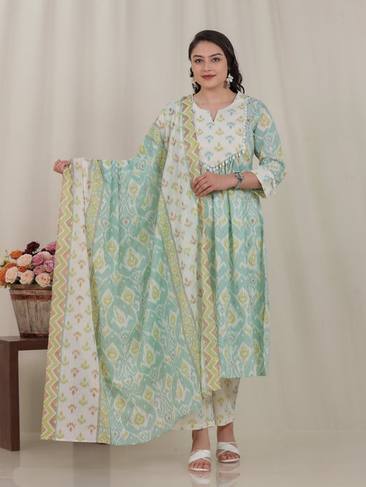 Cotton Voile Ikat Green Dupatta