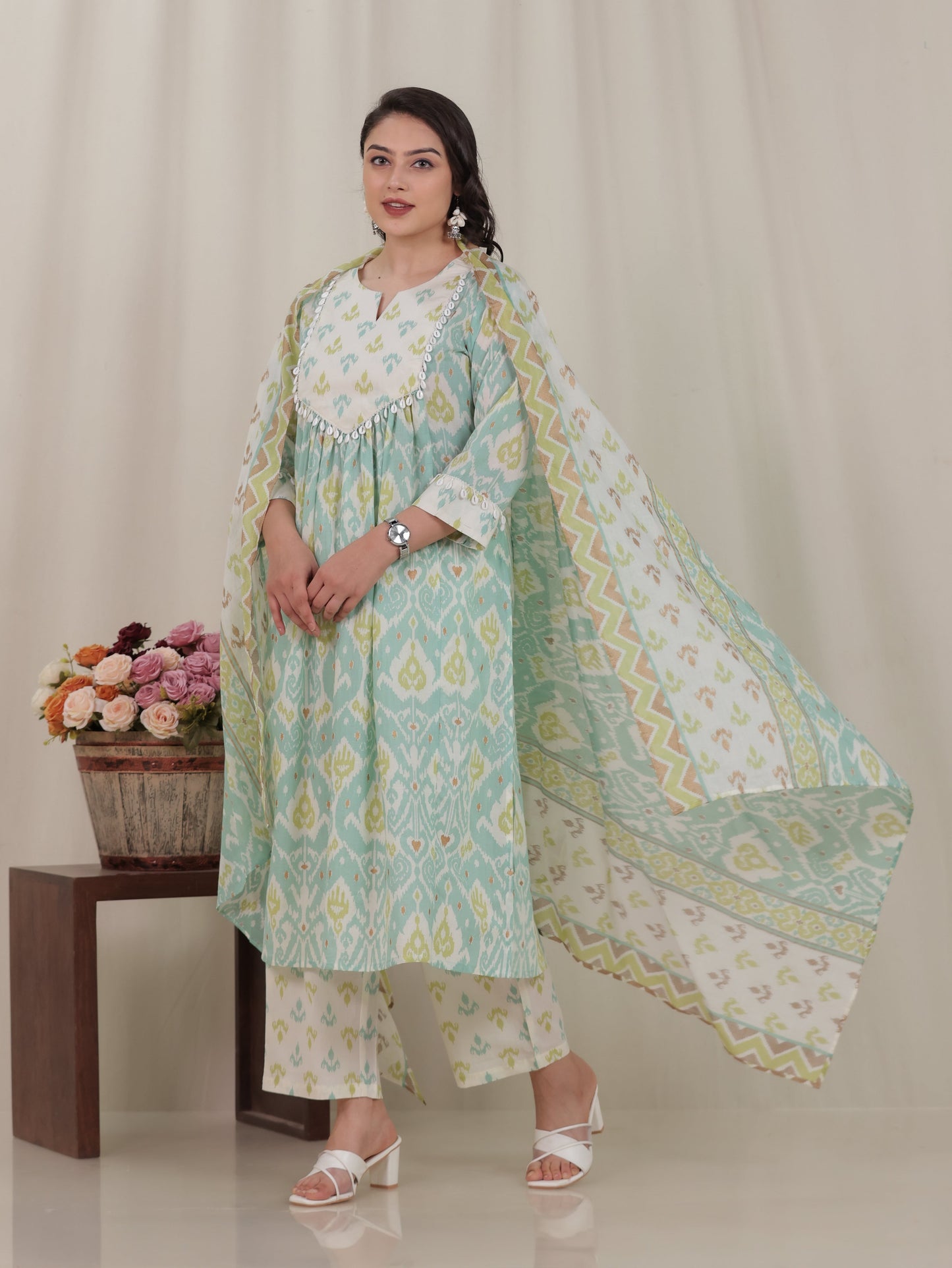 Cotton Voile Ikat Green Dupatta