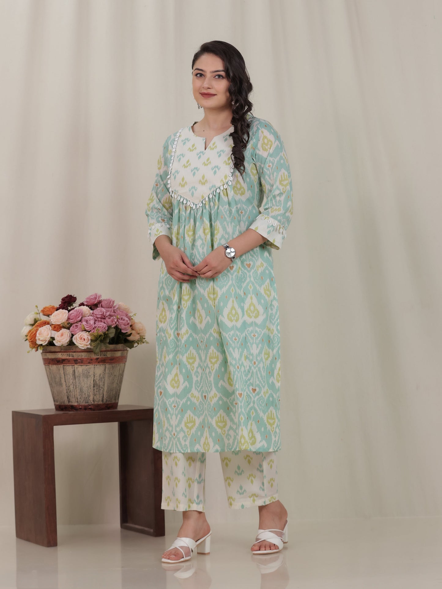 Soft Cotton Ikat Flared Green Kurta
