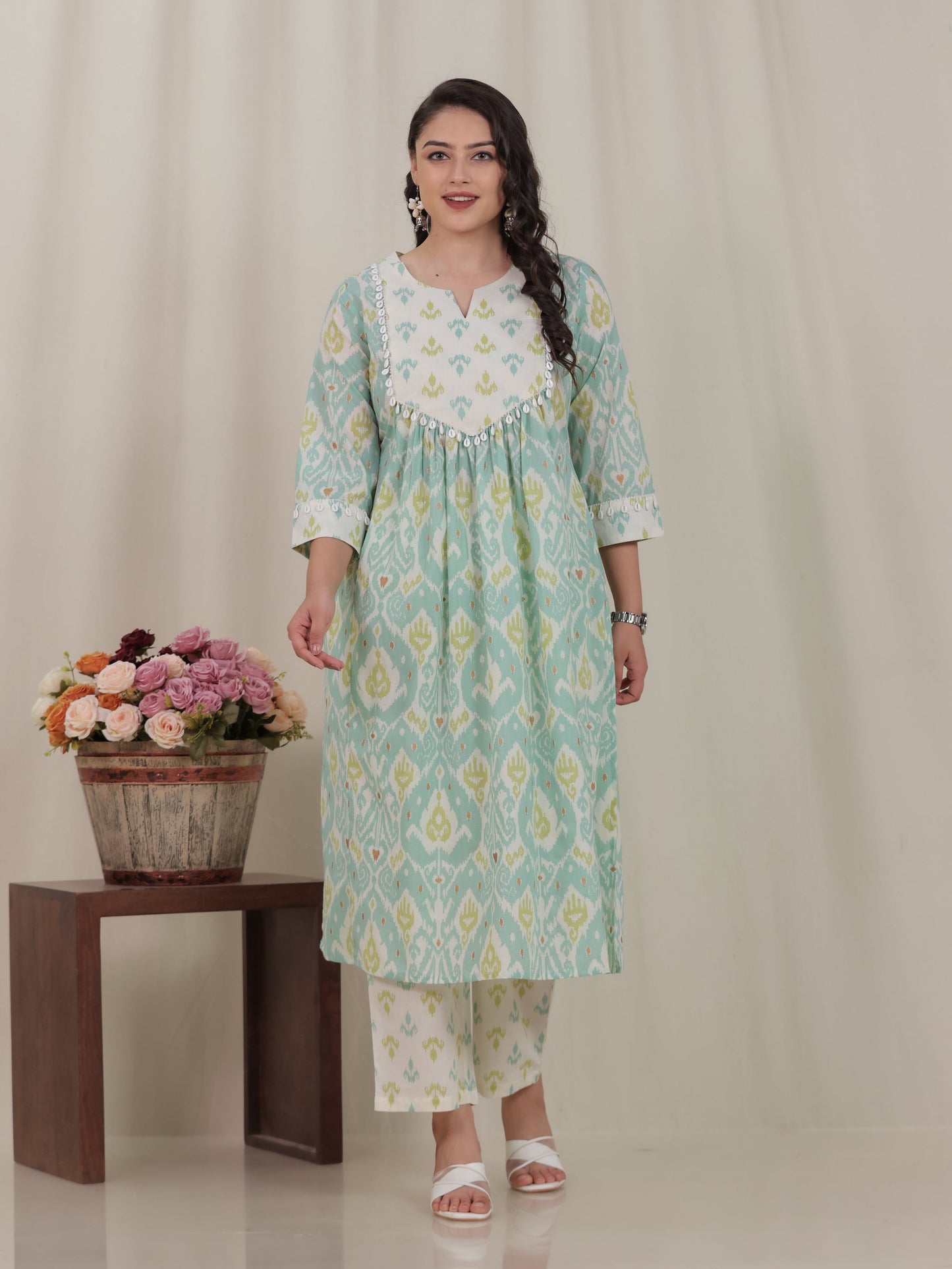 Soft Cotton Ikat Flared Green Kurta