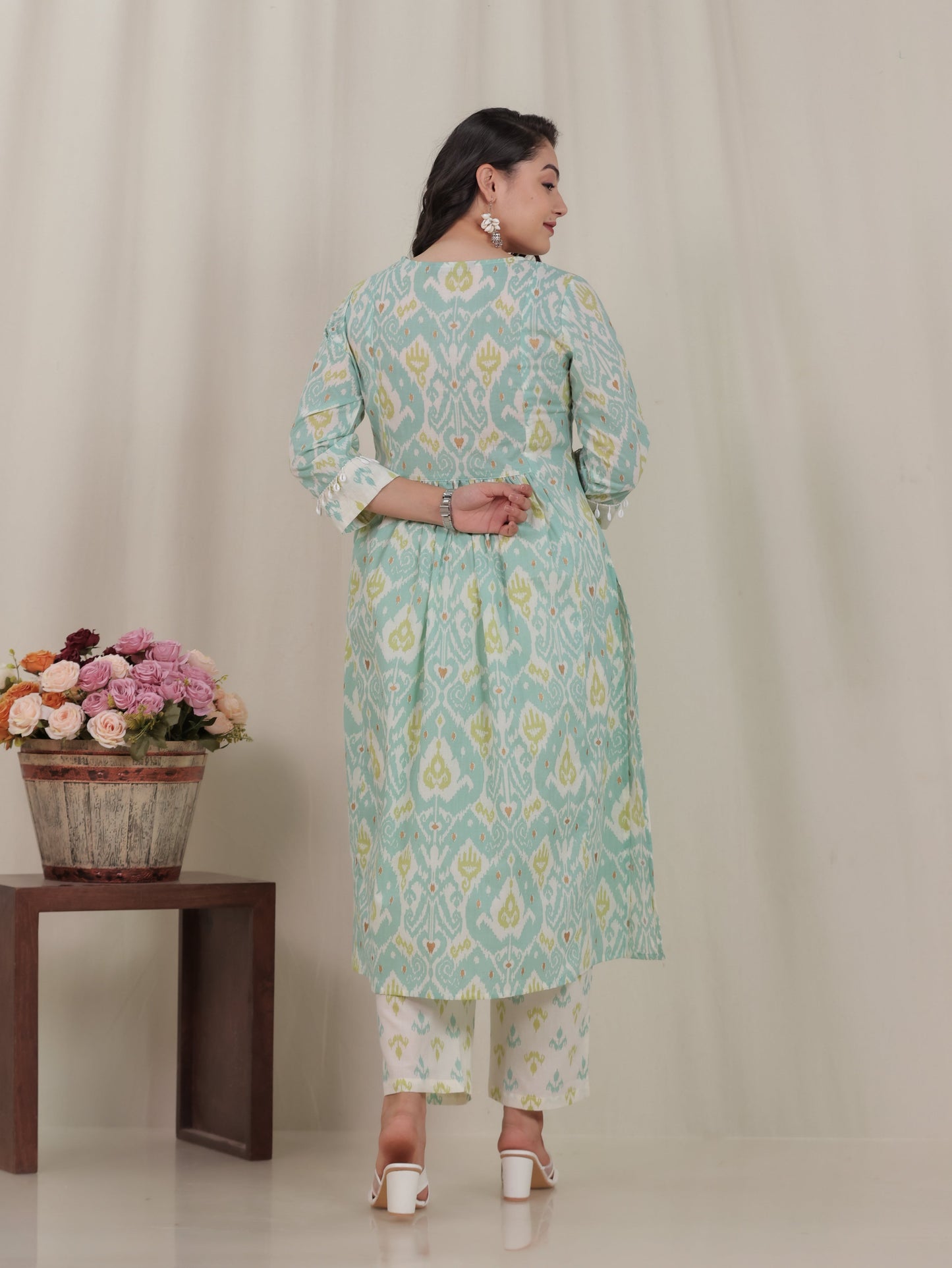 Soft Cotton Ikat Flared Green Kurta