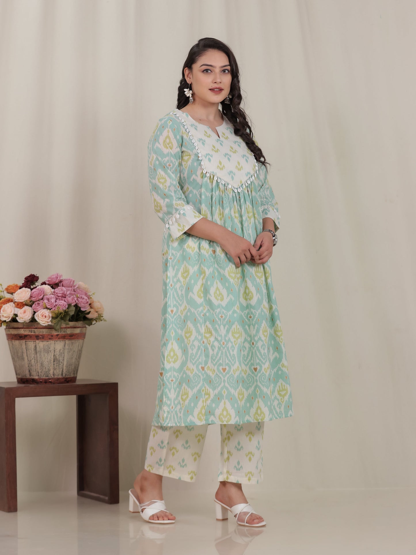 Soft Cotton Ikat Flared Green Kurta
