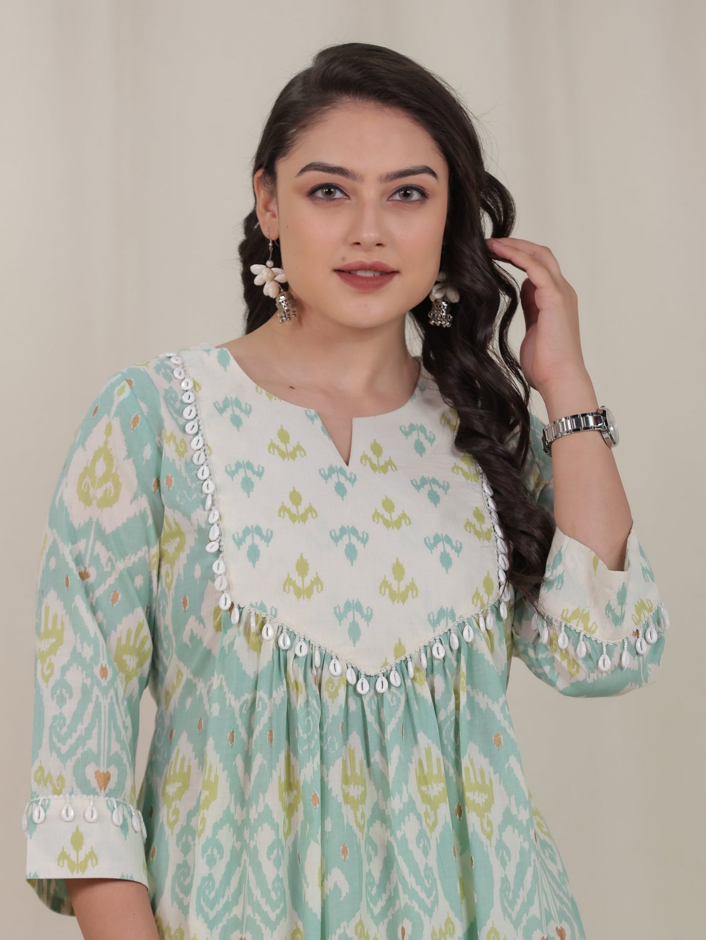Soft Cotton Ikat Flared Green Kurta