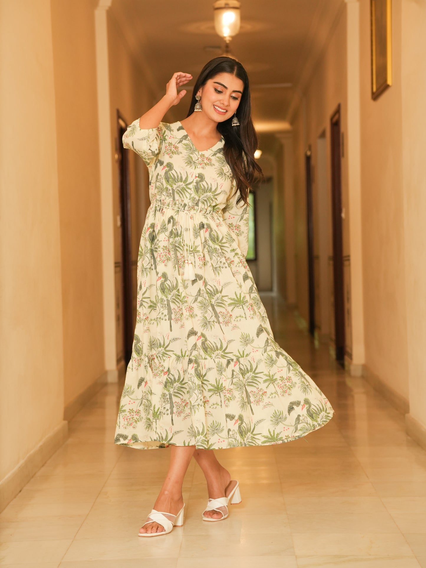 Soft Cotton Floral Anarkali Off White Dress