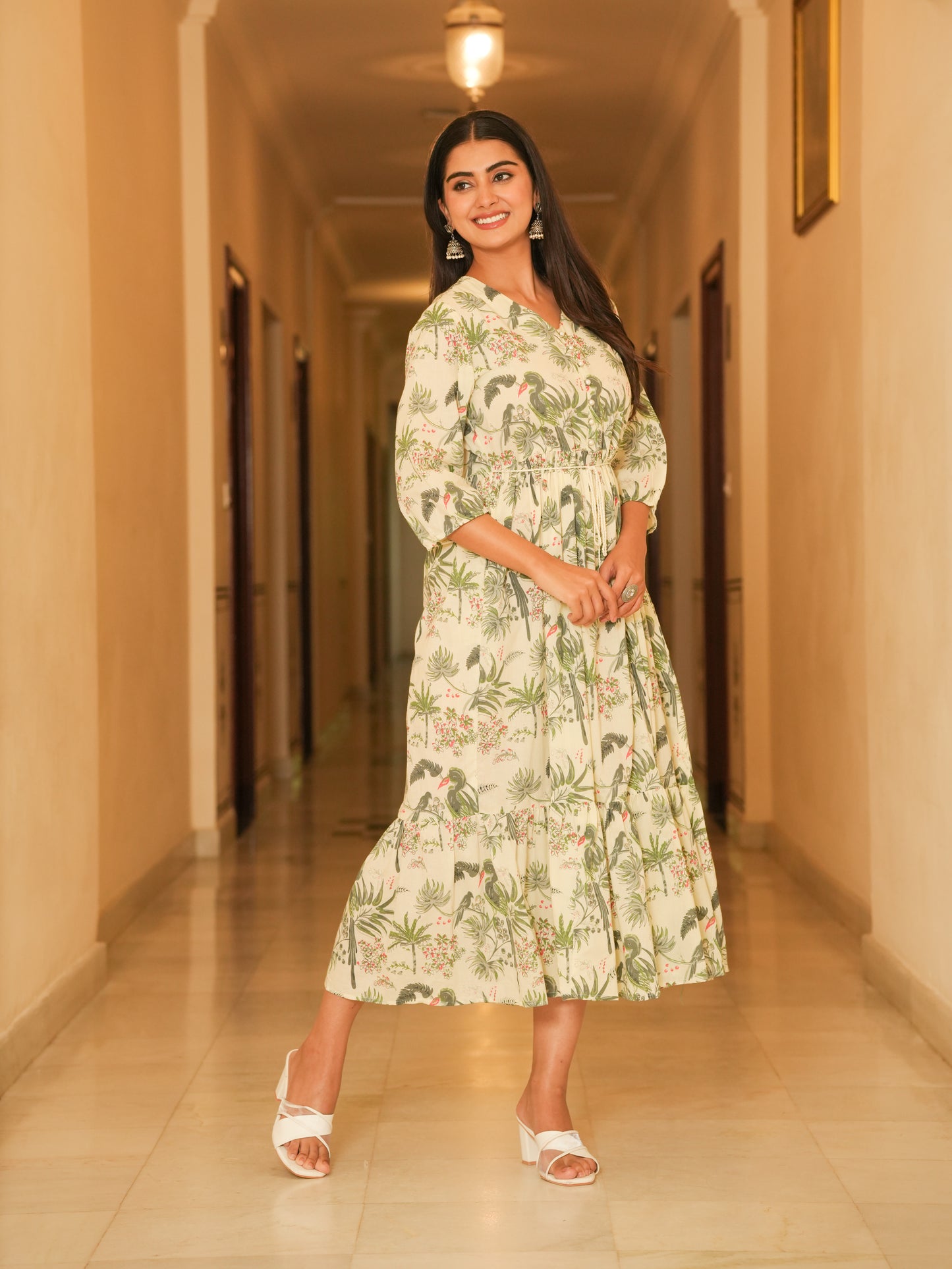 Soft Cotton Floral Anarkali Off White Dress