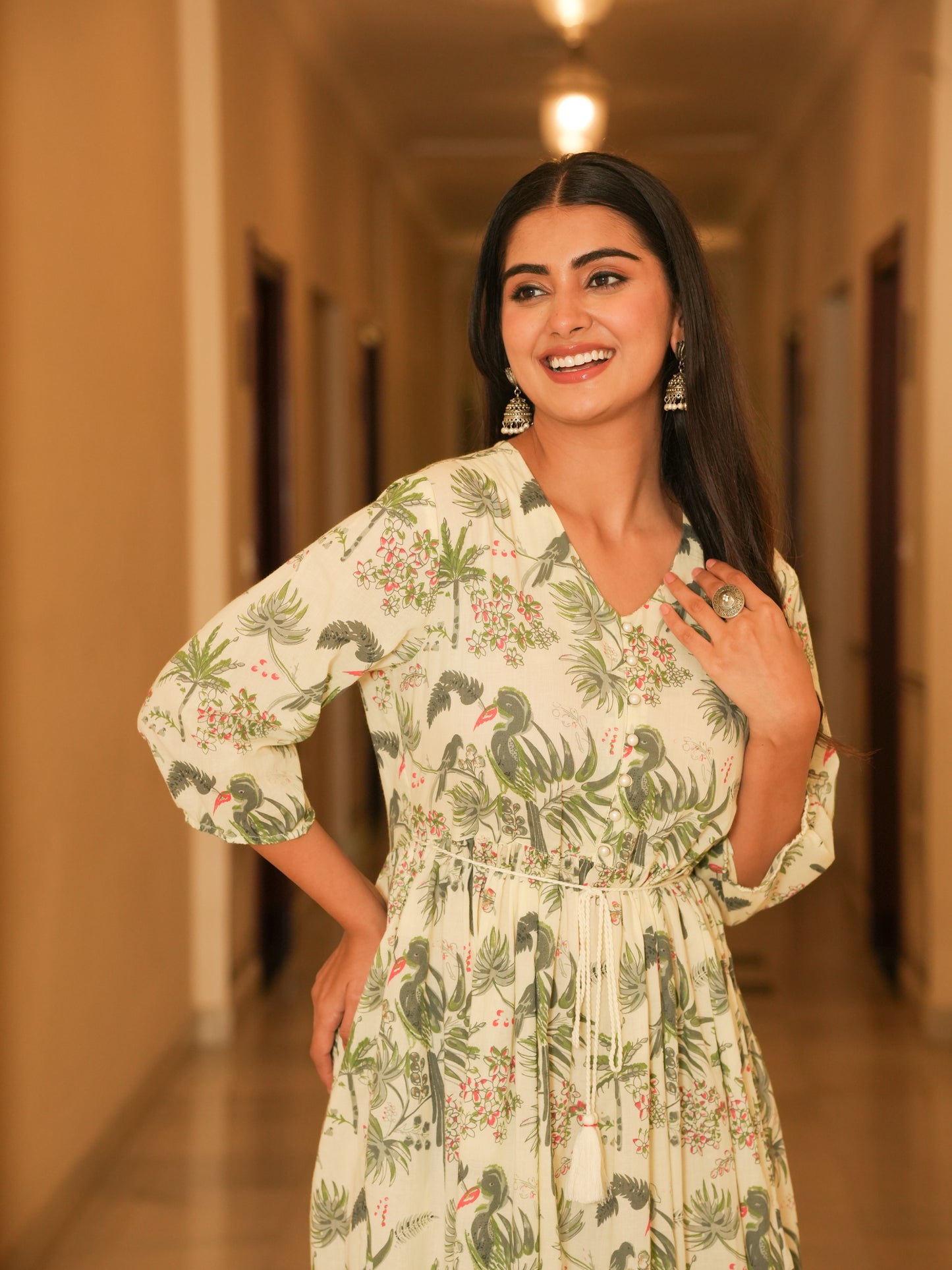 Soft Cotton Floral Anarkali Off White Dress