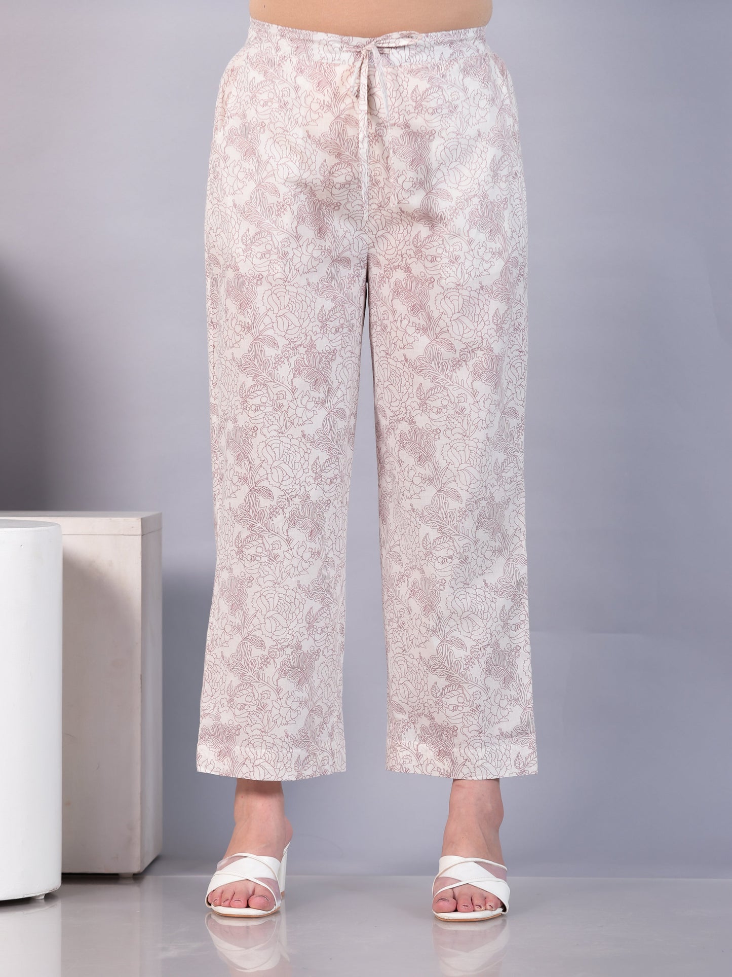 Soft Cotton Floral Off White Straight Trousers