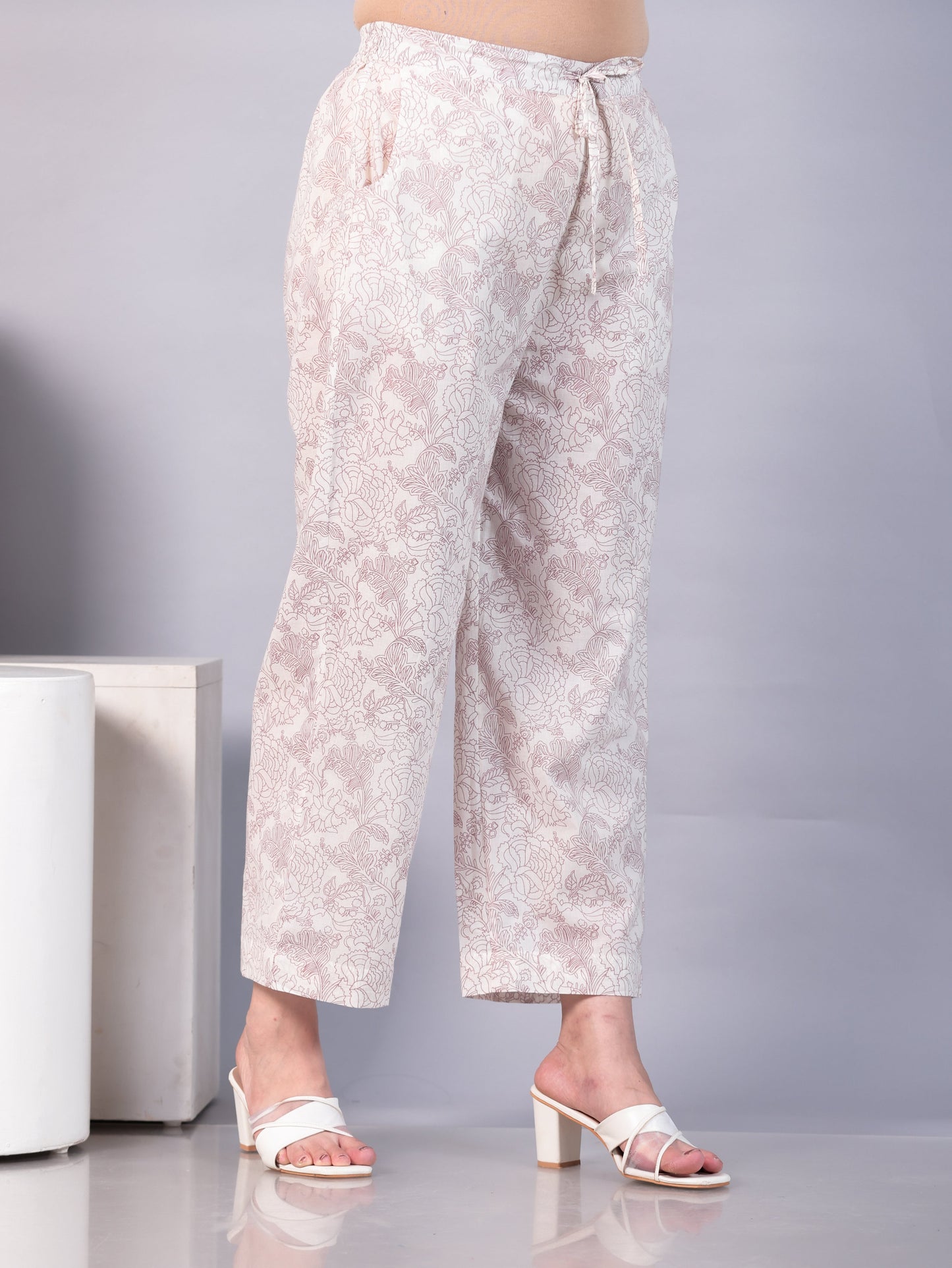 Soft Cotton Floral Off White Straight Trousers