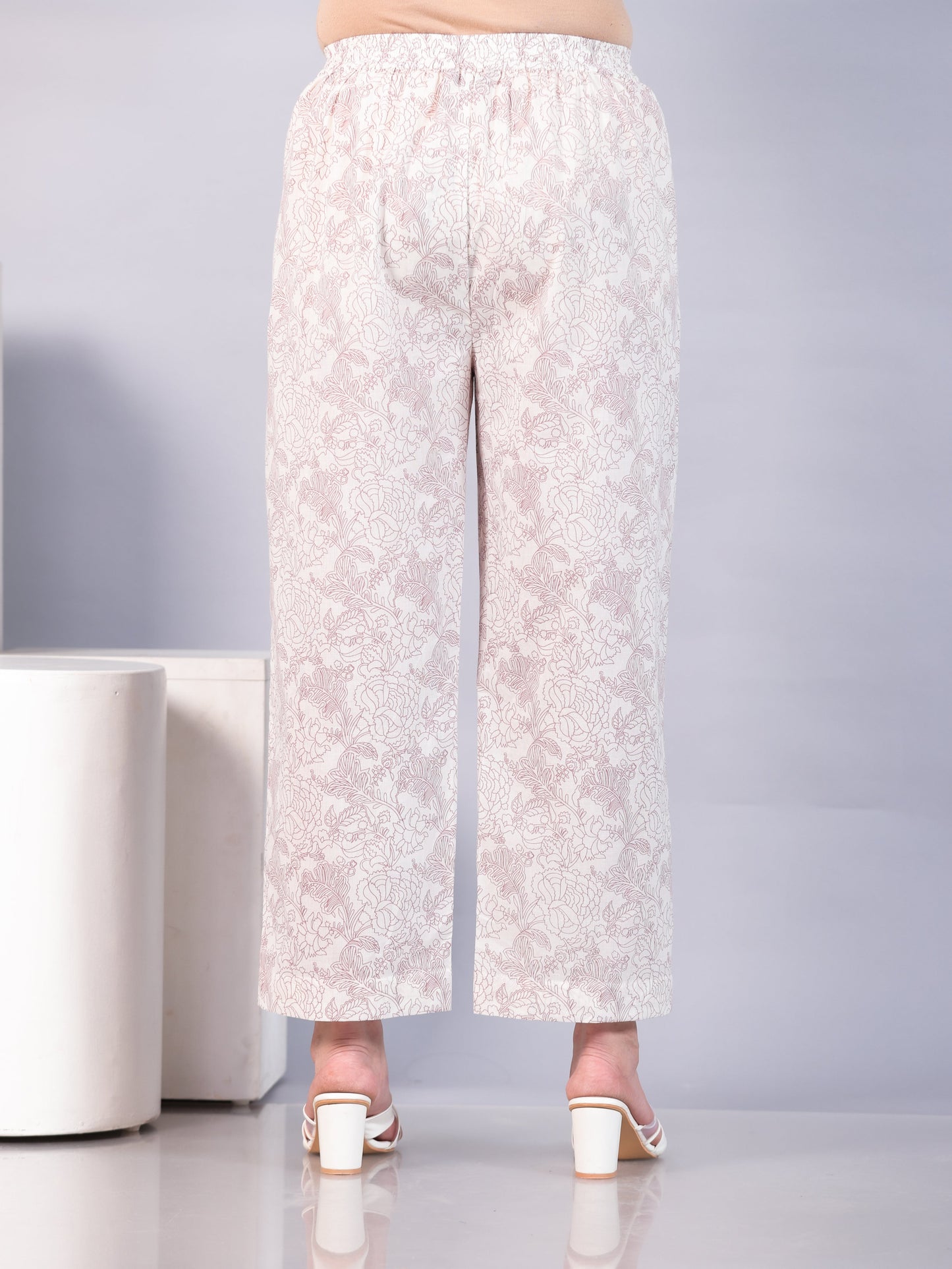 Soft Cotton Floral Off White Straight Trousers
