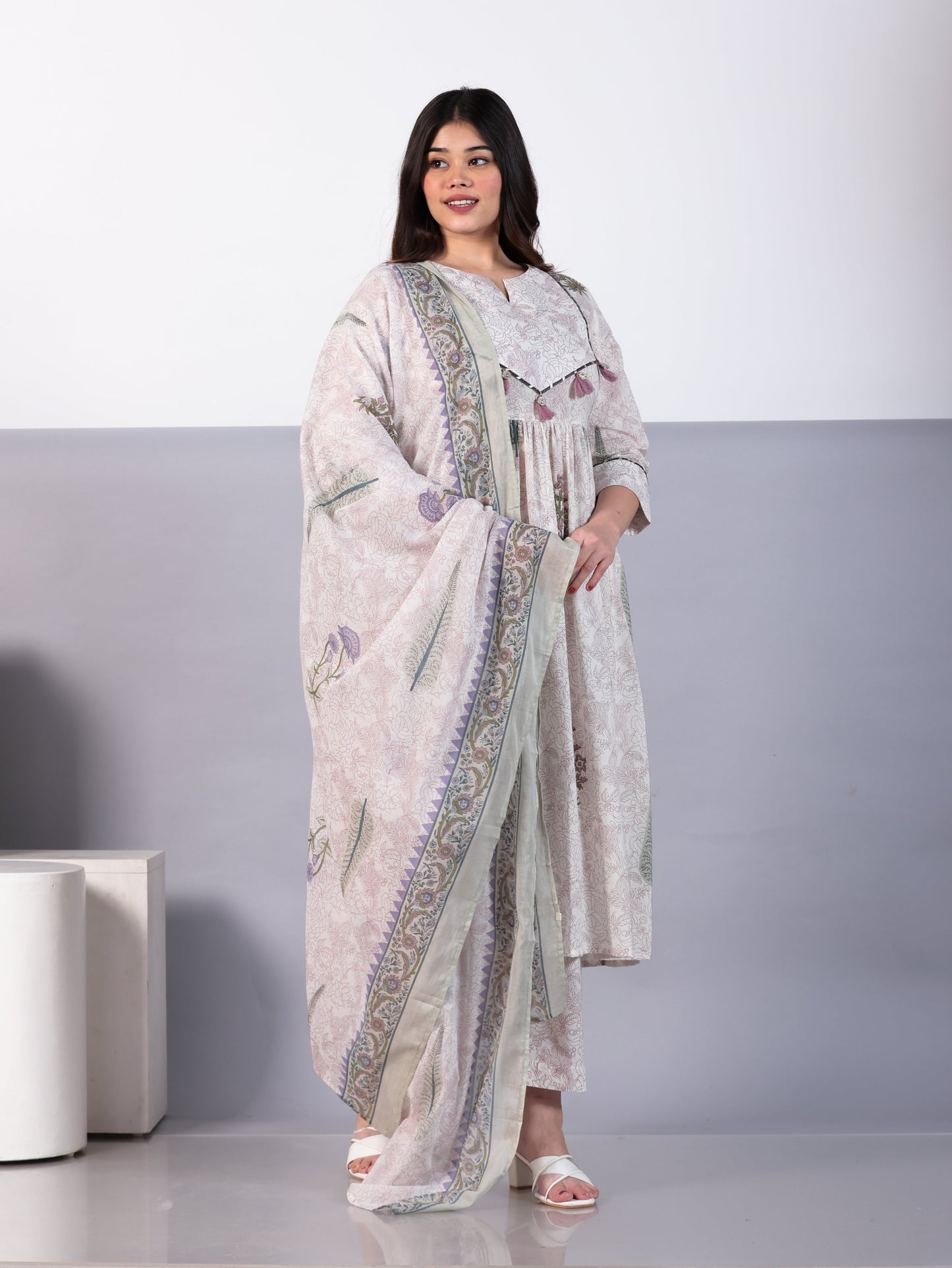 Cotton Voile Floral Off White Dupatta